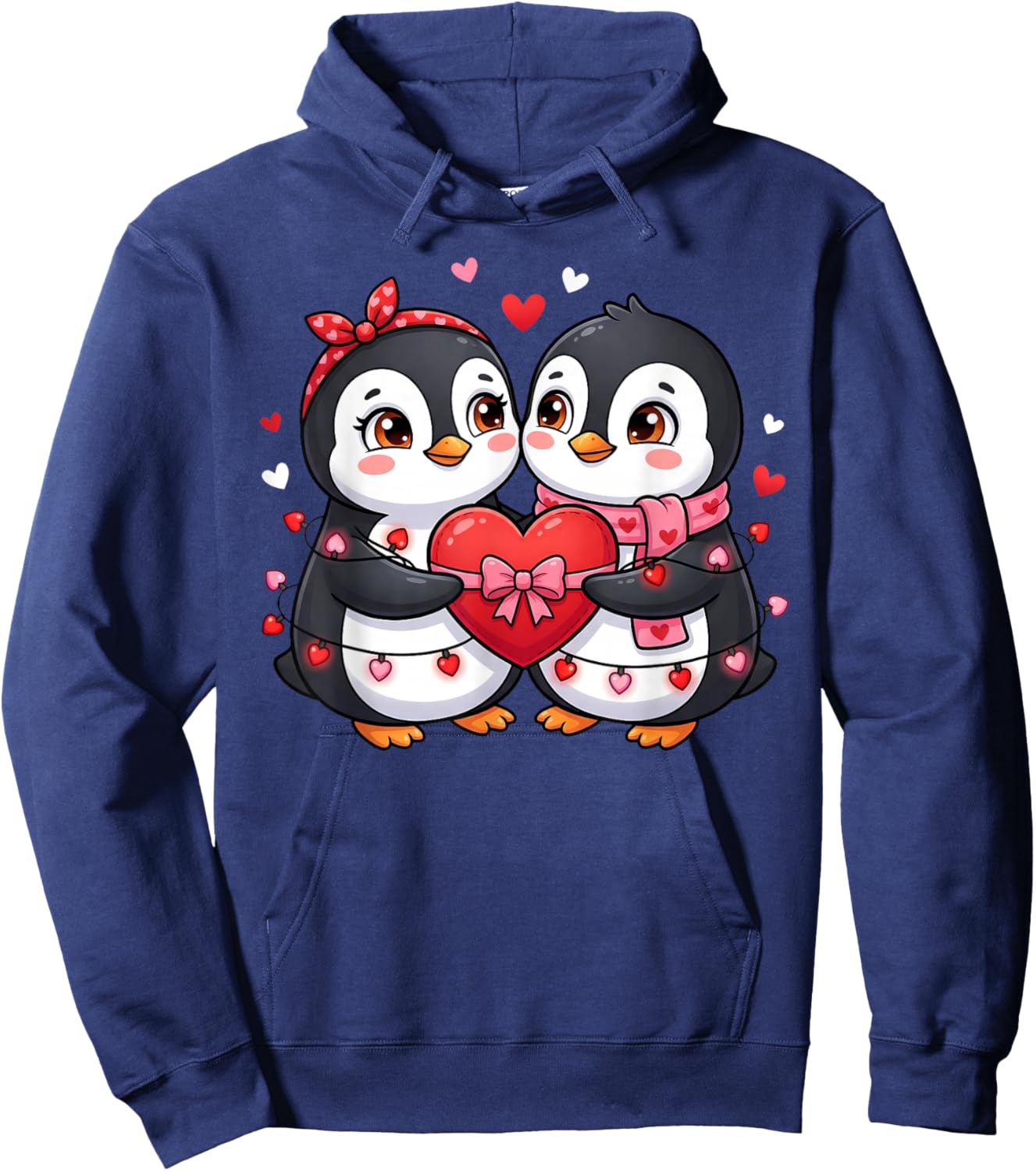 Cute Valentine Penguins Couple Holding Heart Love Graphic Hoodie - Hoodie | Navy