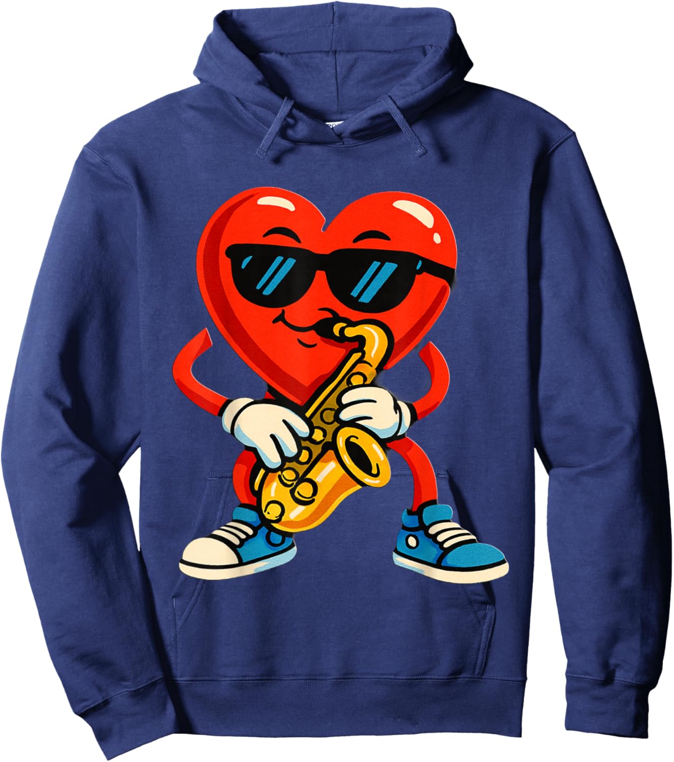 A Fun Cartoon RED Heart Playing Saxophone Hoodie - Hoodie | Navy