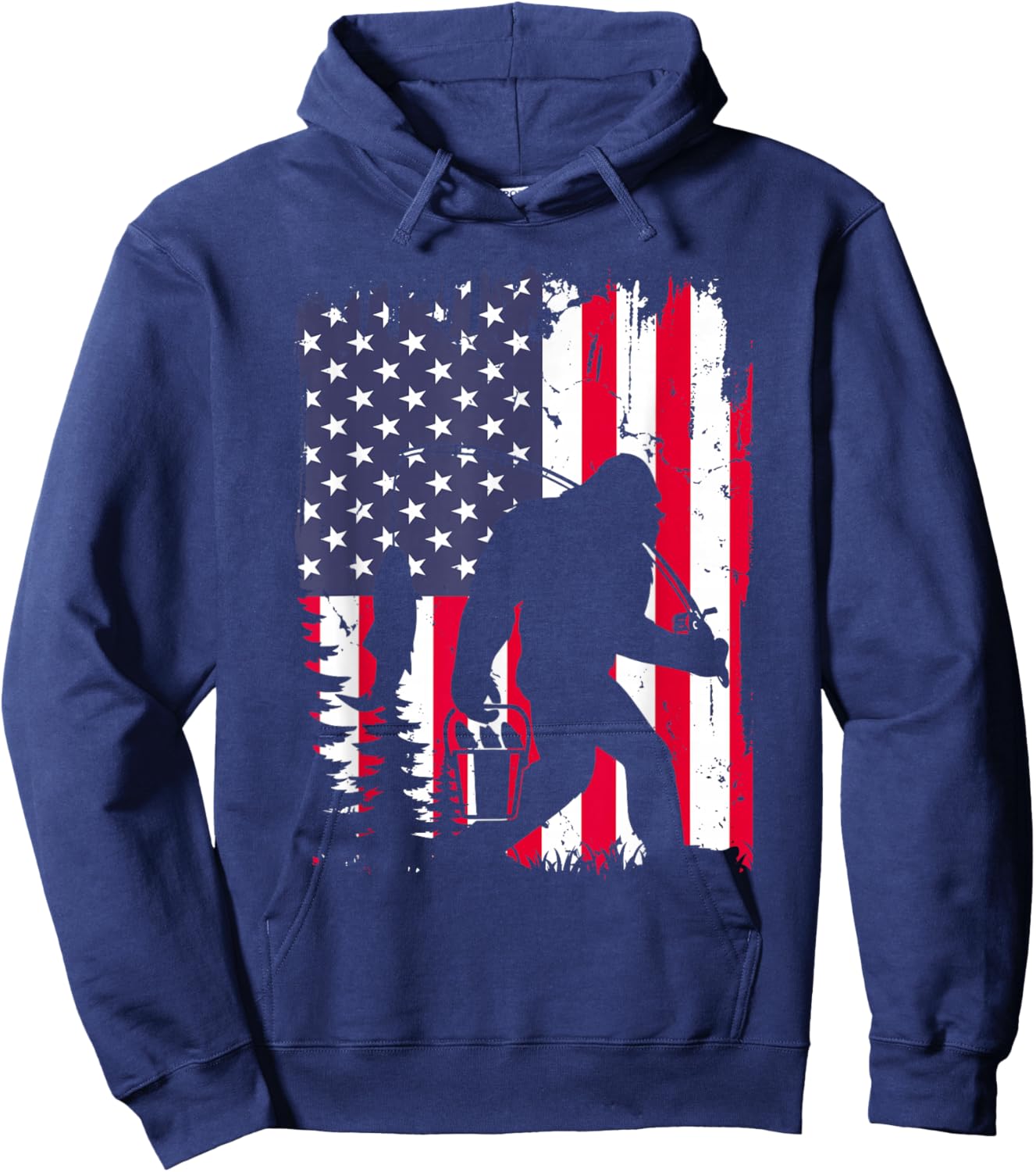 Funny Bigfoot Fishing American Flag USA Sasquatch Gift Hoodie - Hoodie | Navy