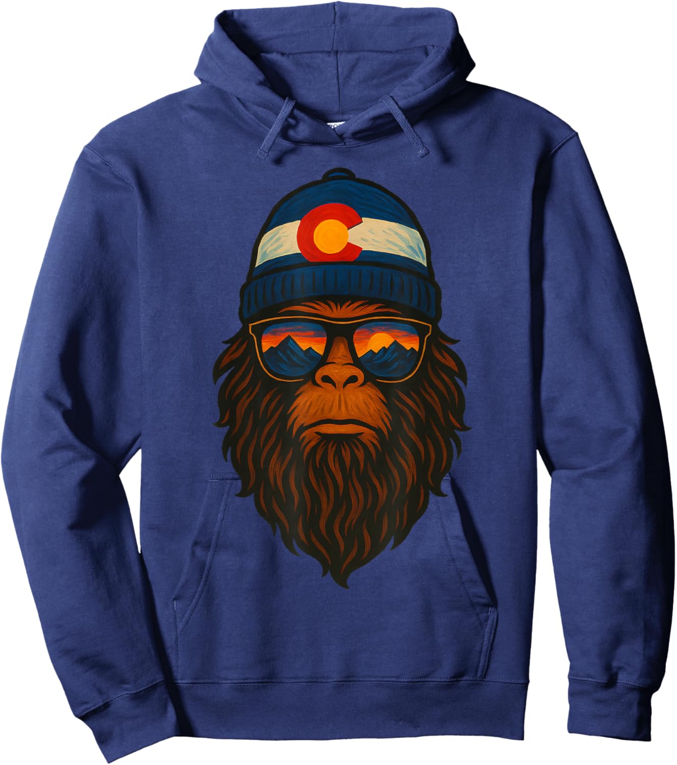 Colorado Sasquatch Beanie Sunset Mountain Bigfoot Art Retro Hoodie - Hoodie | Navy