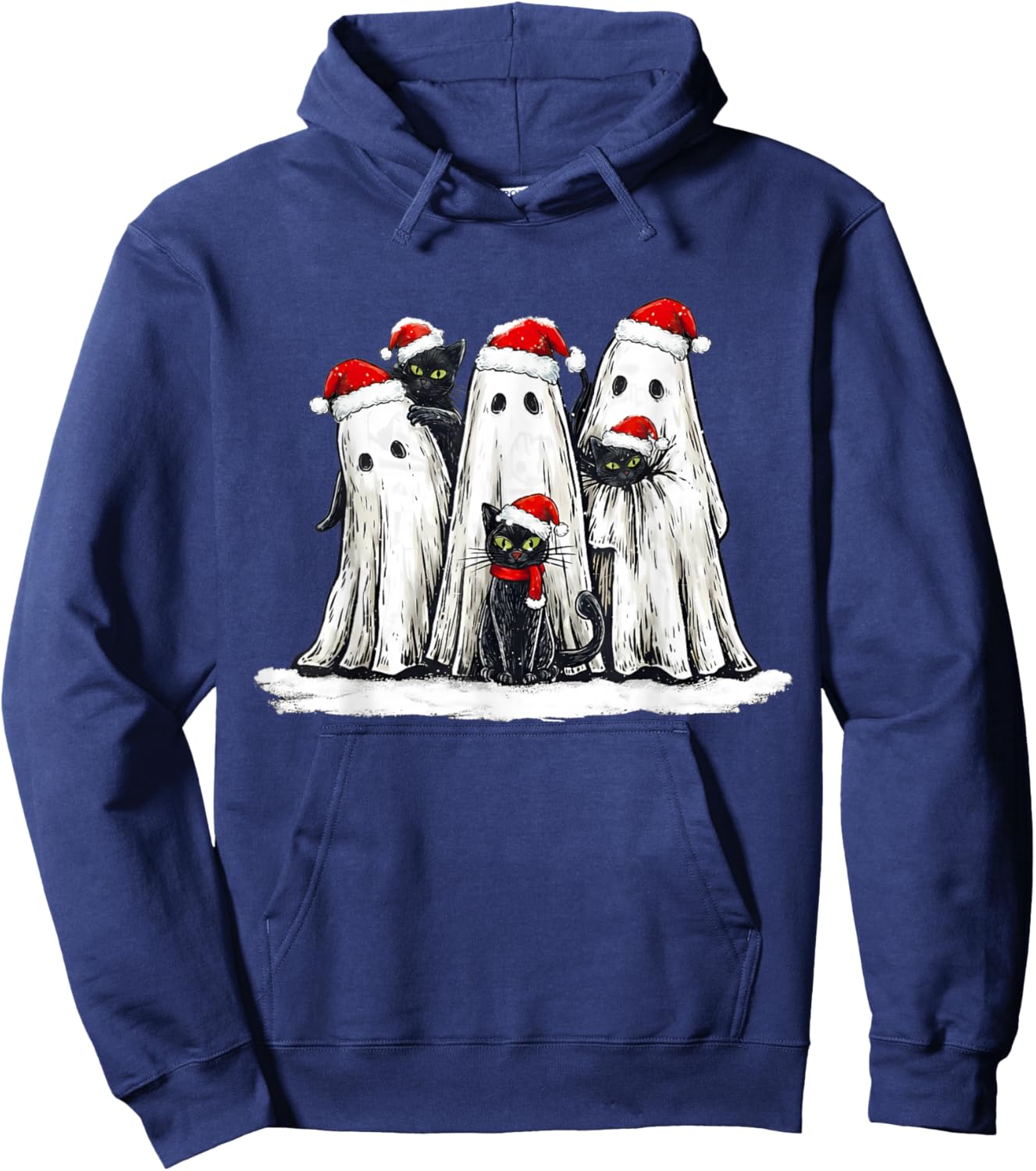 Vintage Christmas Ghost Holding Black Cat Groovy Hoodie - Hoodie | Navy