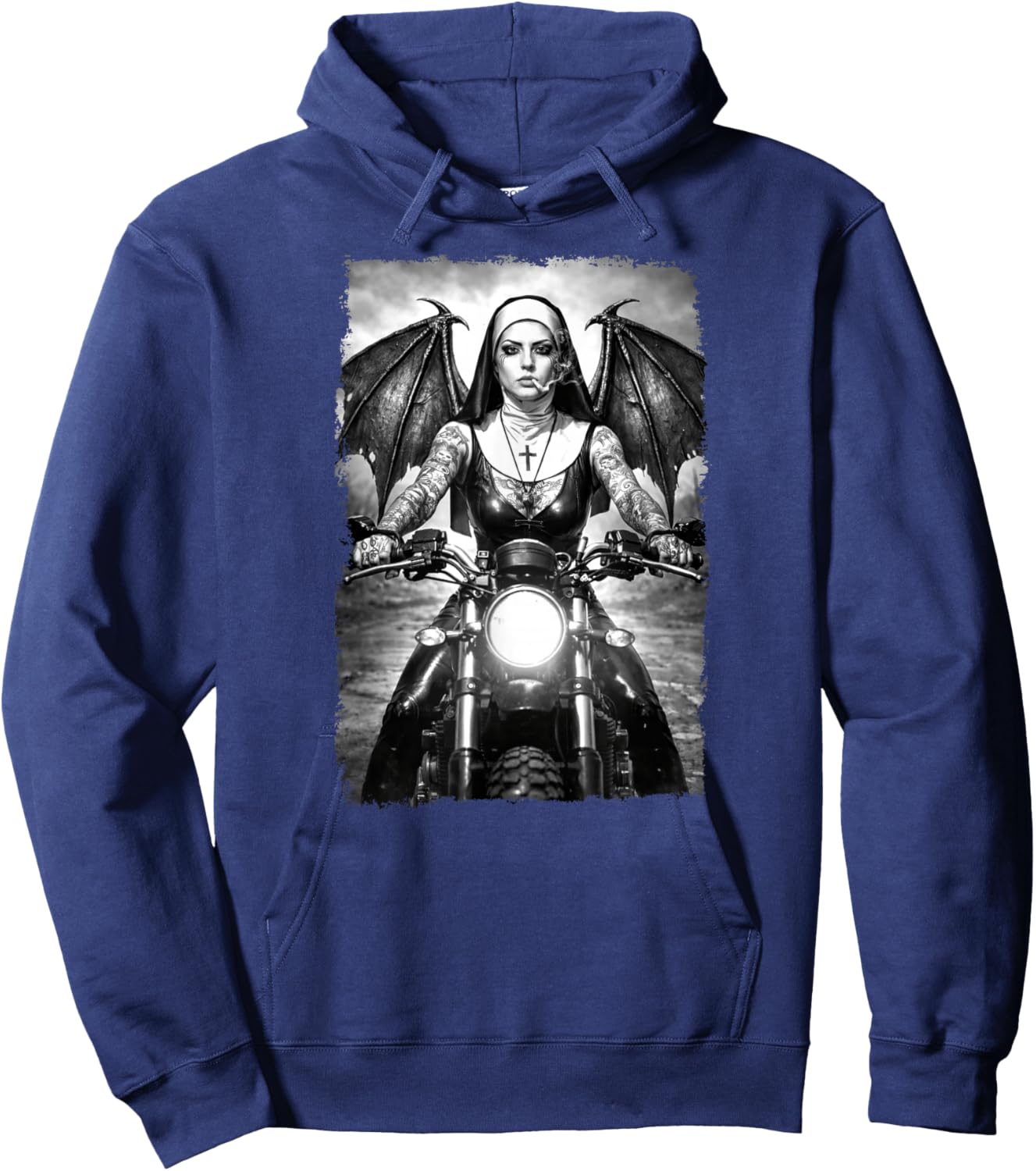 Gothic Tattoo Biker Smoking Nun with Wings, Dark Urban Art Hoodie - Hoodie | Navy
