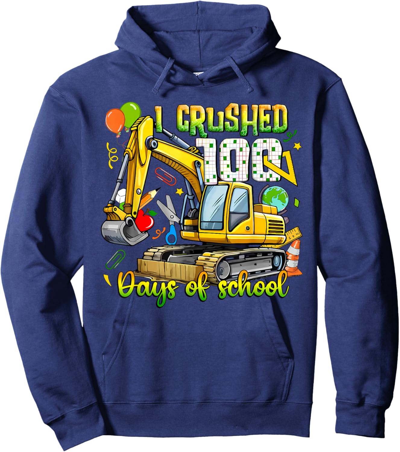 I Crushed 100 Days of School Excavator Kids Boys Hoodie - Hoodie | Navy