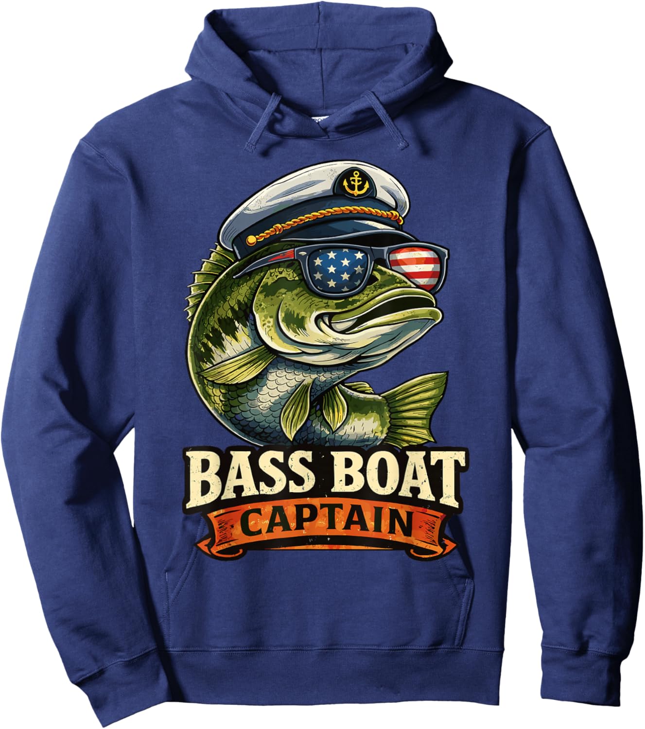 Funny Bass Boat Captain Patriotic American Flag Fishing Hoodie - Hoodie | Navy