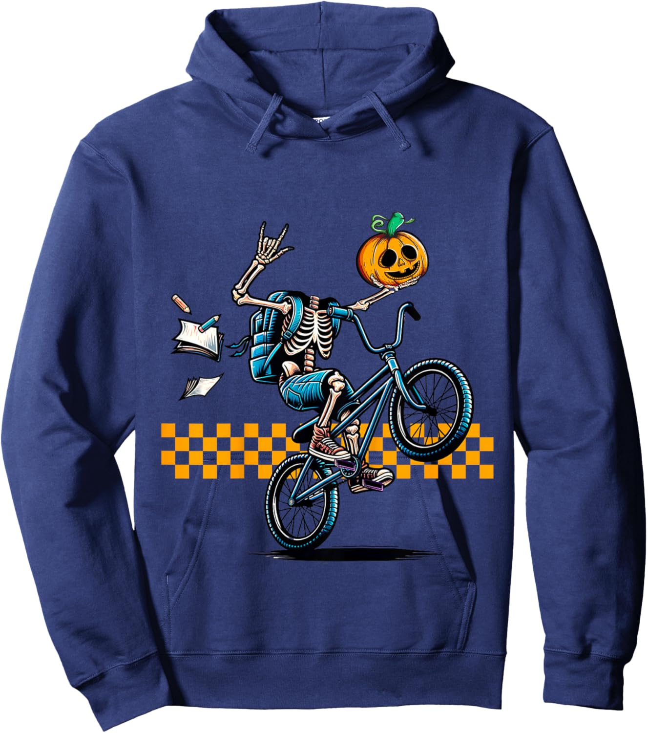 Kids Kids Halloween Skeleton Riding a BMX Bike Popping a Wheelie Hoodie - Hoodie | Navy