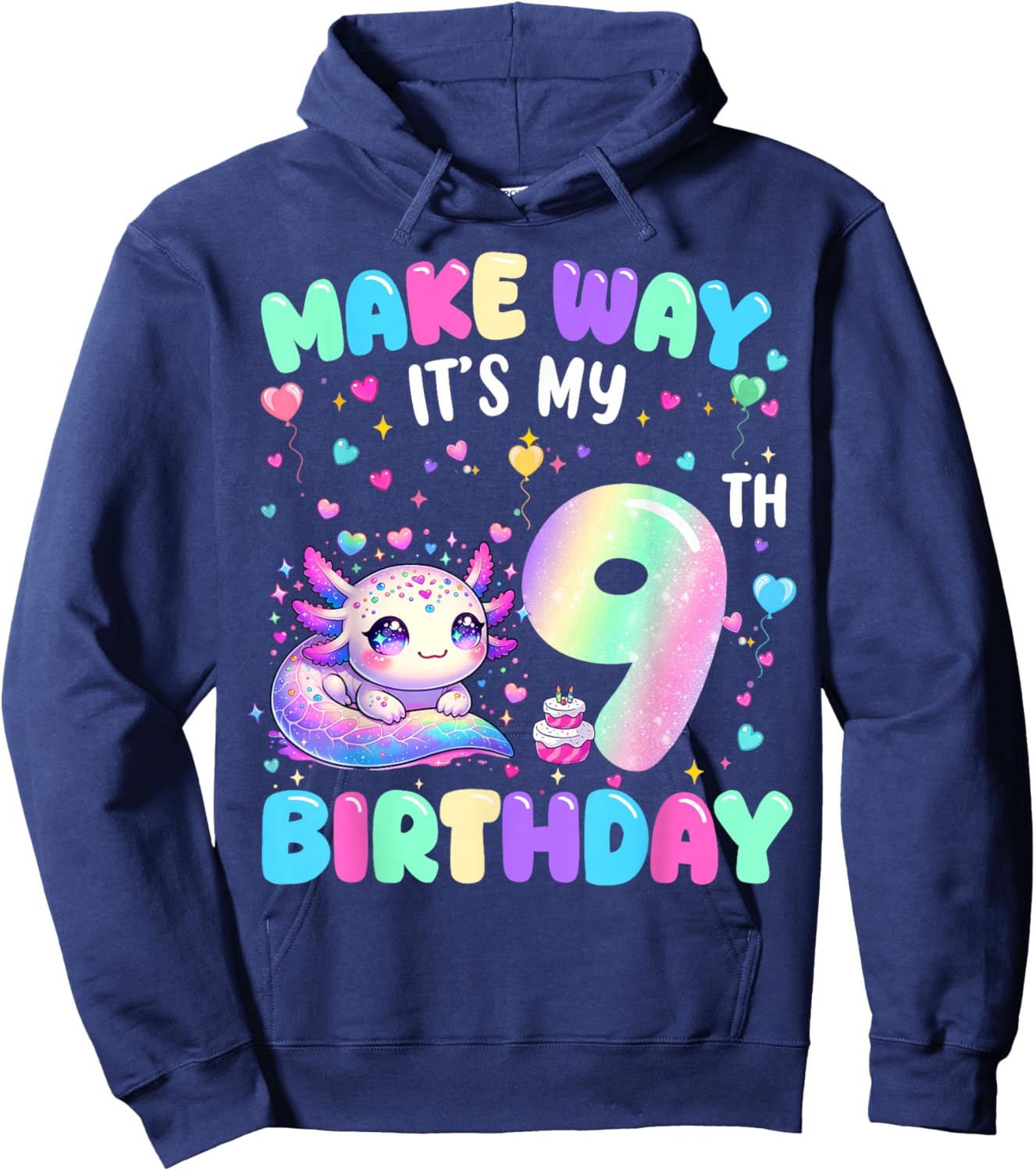 It's My 9th Birthday Girl Cute Axolotl 9 Year Old Bday Kids Hoodie - Hoodie | Navy