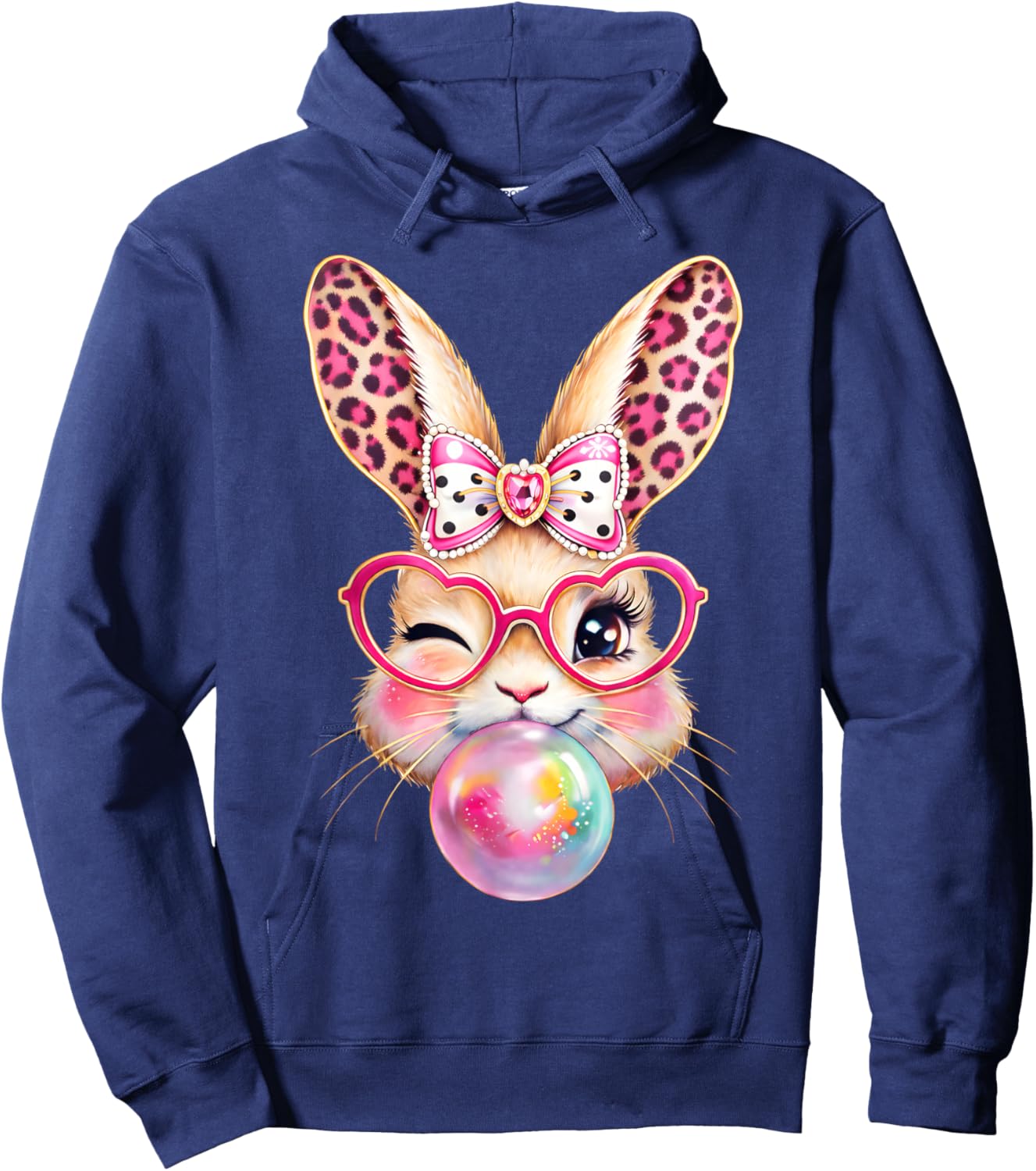 Easter Day Bunny Rabbit Face Leopard Bubble Gum Girl Women Hoodie - Hoodie | Navy