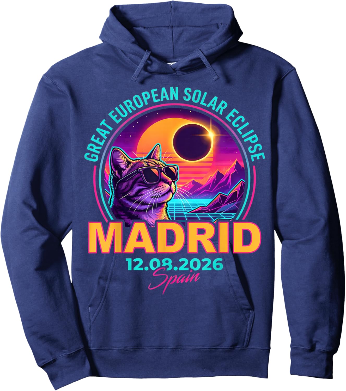 Great European Solar Eclipse 2026 Madrid Spain Cat Retro Hoodie - Hoodie | Navy