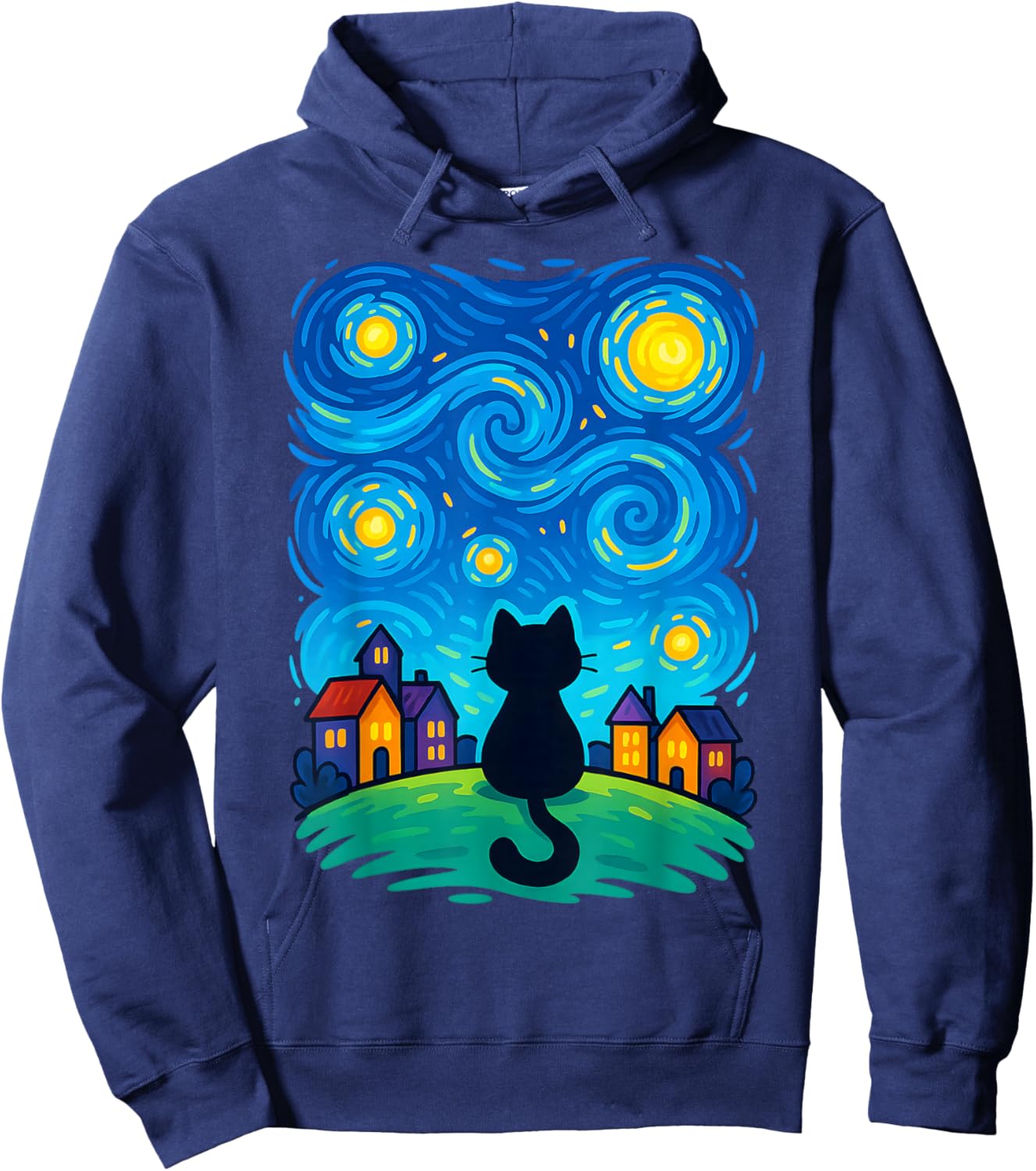 Cat Looking at Starry Night Sky Colorful Moon Houses Stars Hoodie - Hoodie | Navy
