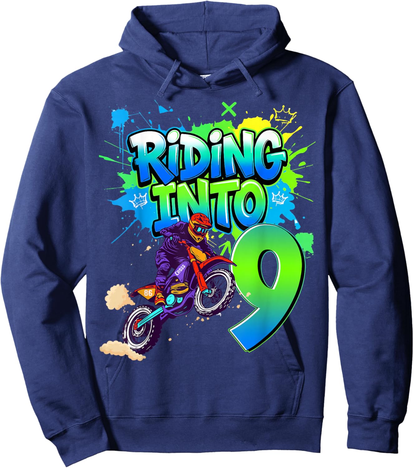 Riding Into 9 Years Old 9th Birthday Dirt Bike Boy Party Hoodie - Hoodie | Navy