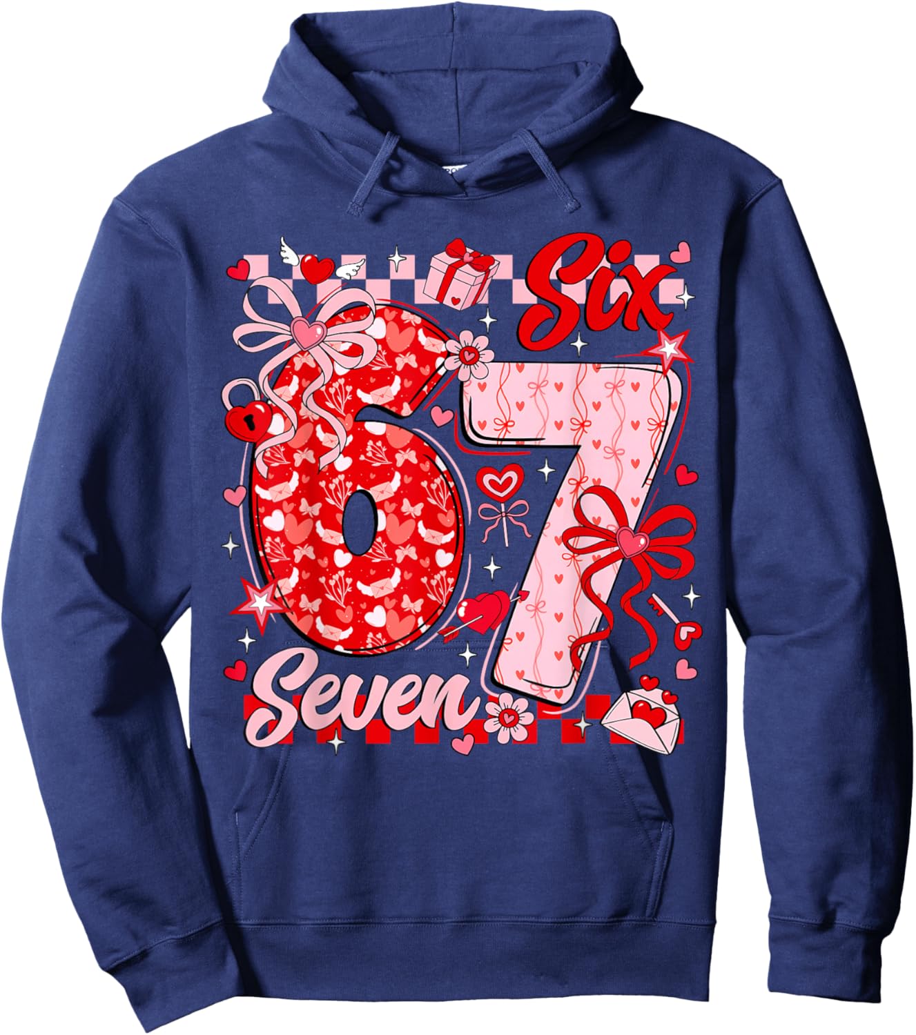 Funny Meme Six Seven Valentine Day 6 7 Heart Men Women Kids Hoodie - Hoodie | Navy