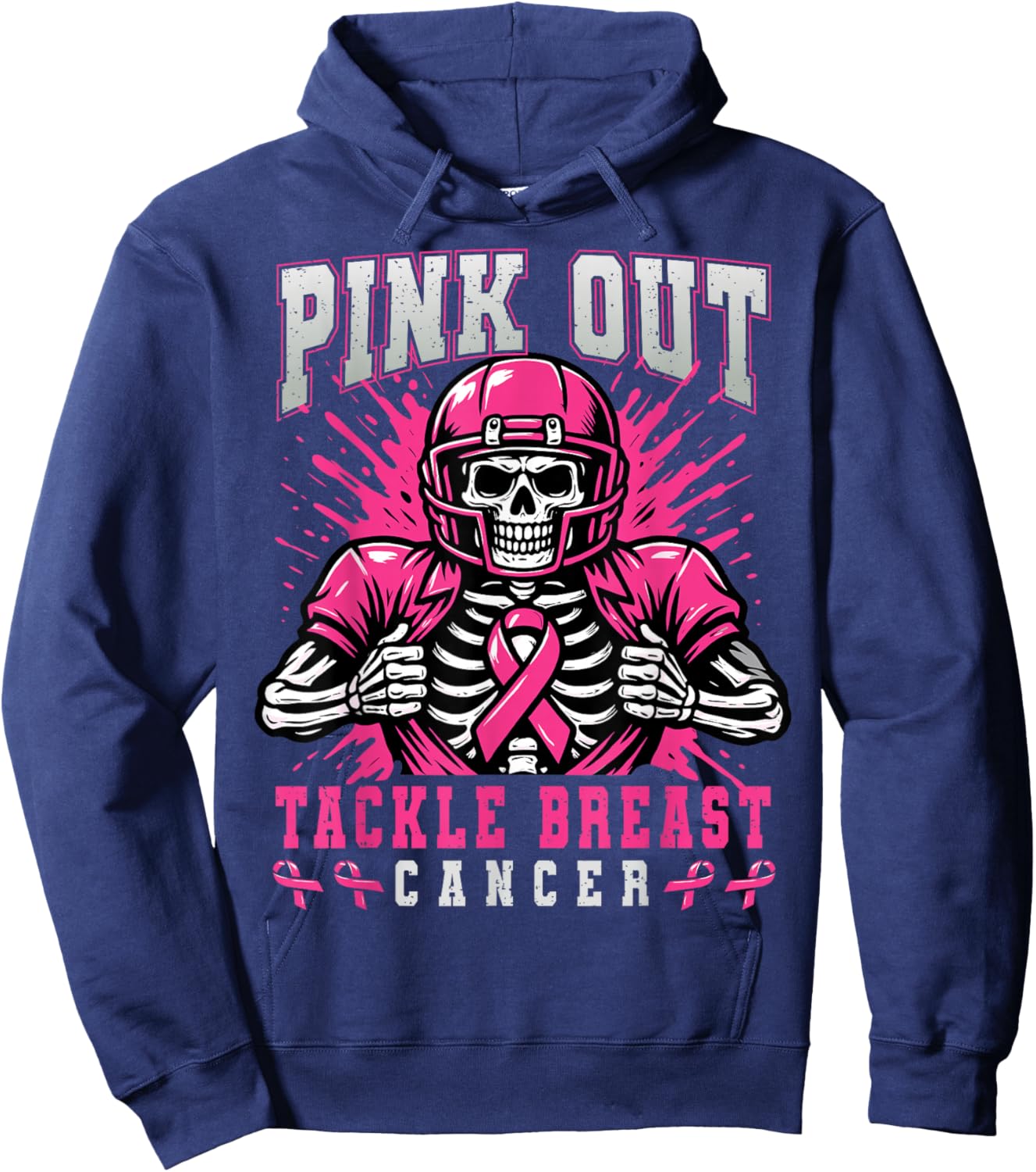Pink Out Tackle Breast Cancer Football Skeleton Halloween Hoodie - Hoodie | Navy