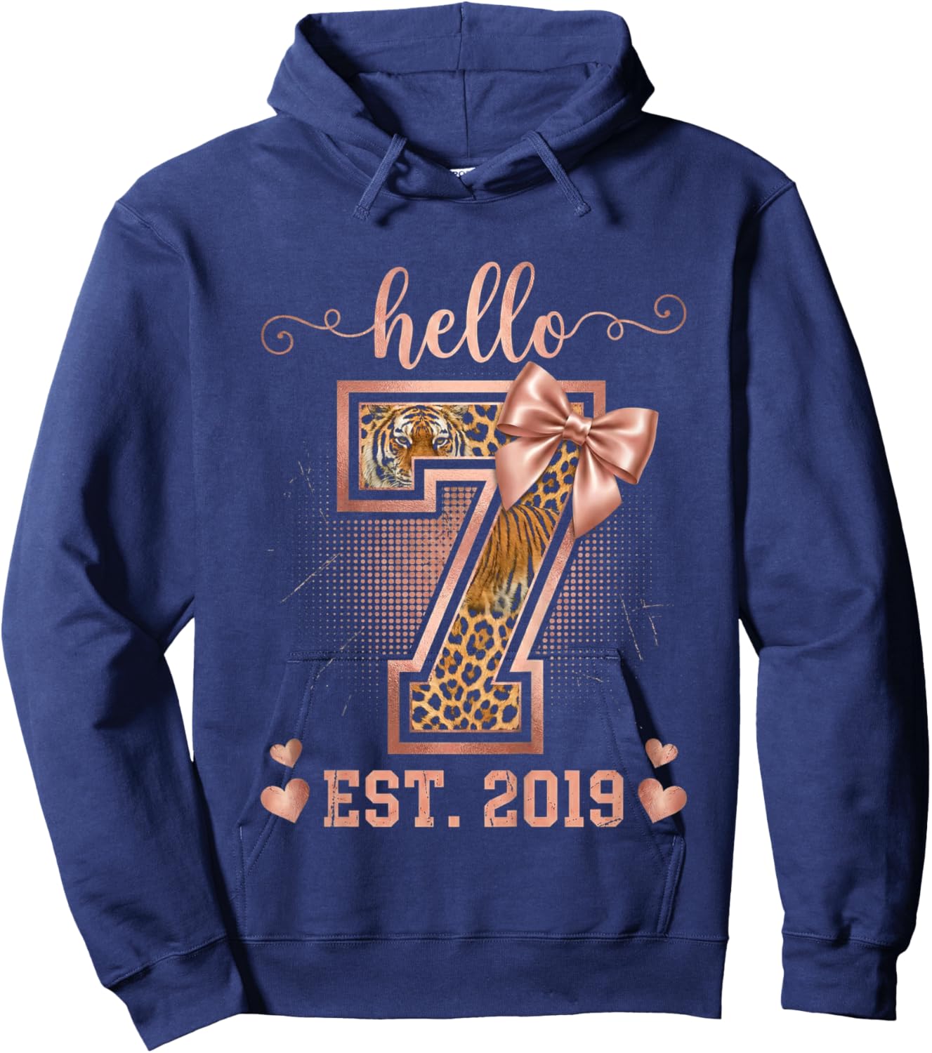 Hello Seven EST 2019 7th Birthday Coquette 7 Year Leopard Hoodie - Hoodie | Navy