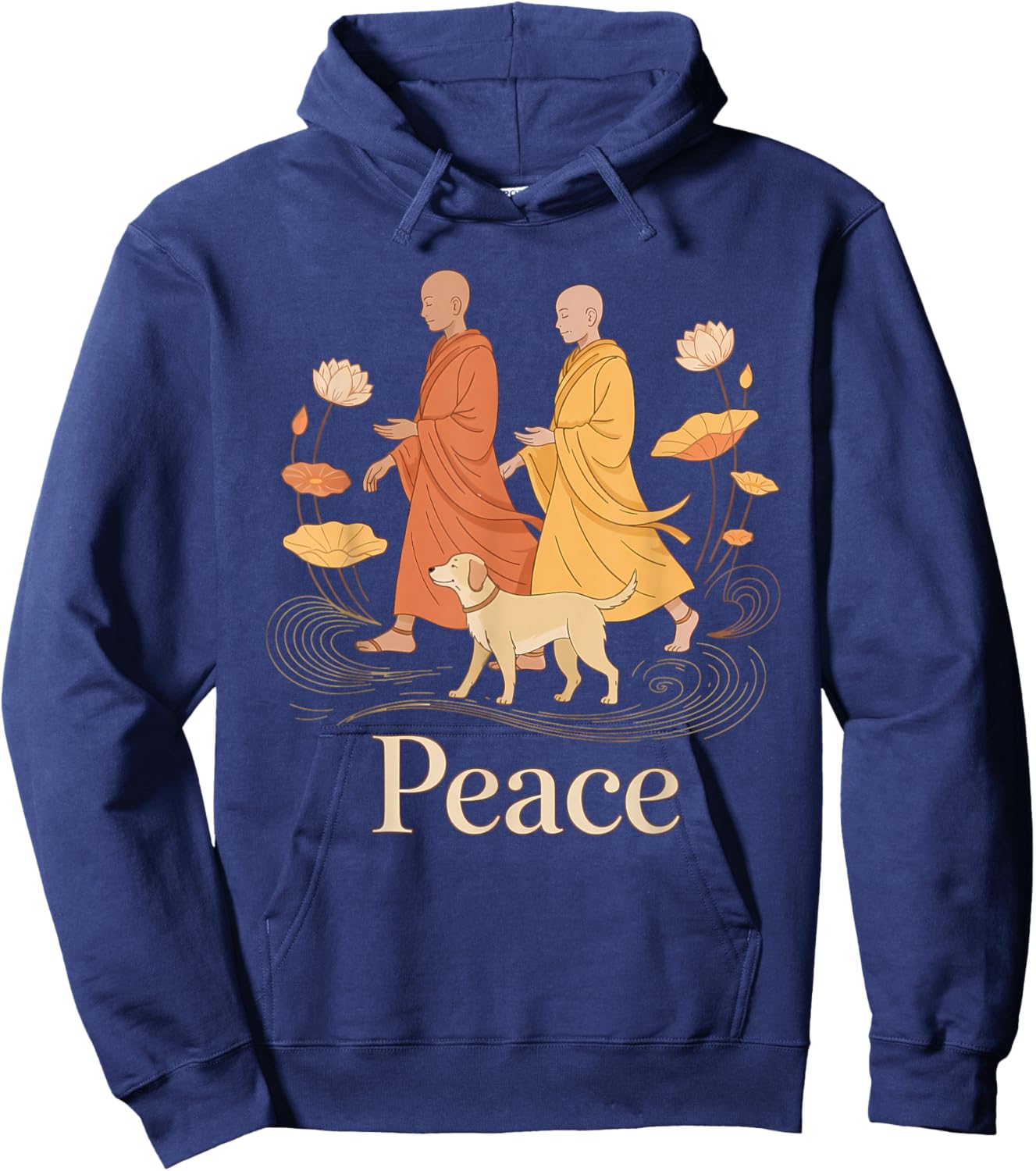 Vintage Peace Walking Monks & Dog Minimalist Zen Art Hoodie - Hoodie | Navy