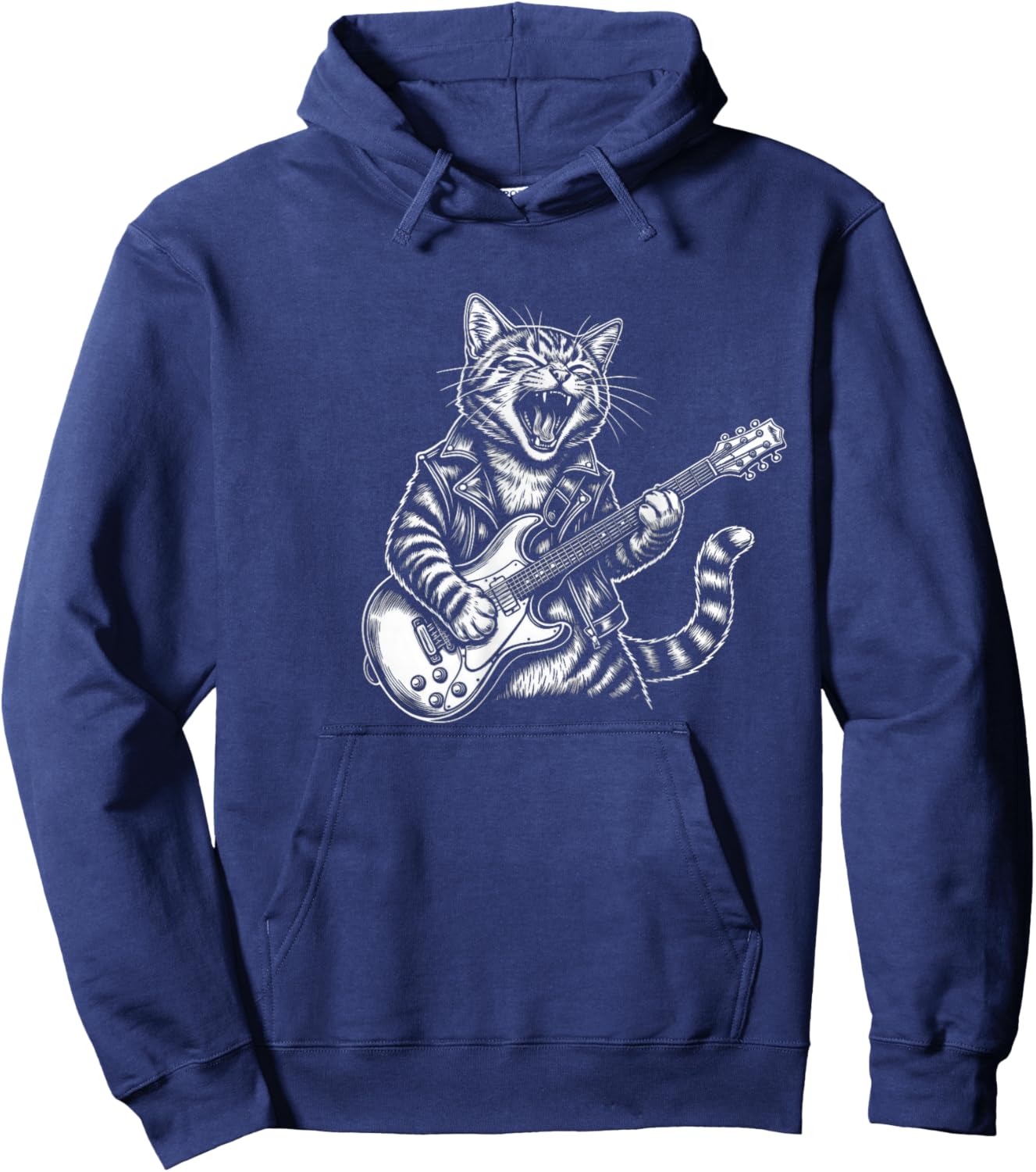 Funny Rock Cat Playing Guitar Electric Retro Lovers Hoodie - Hoodie | Navy