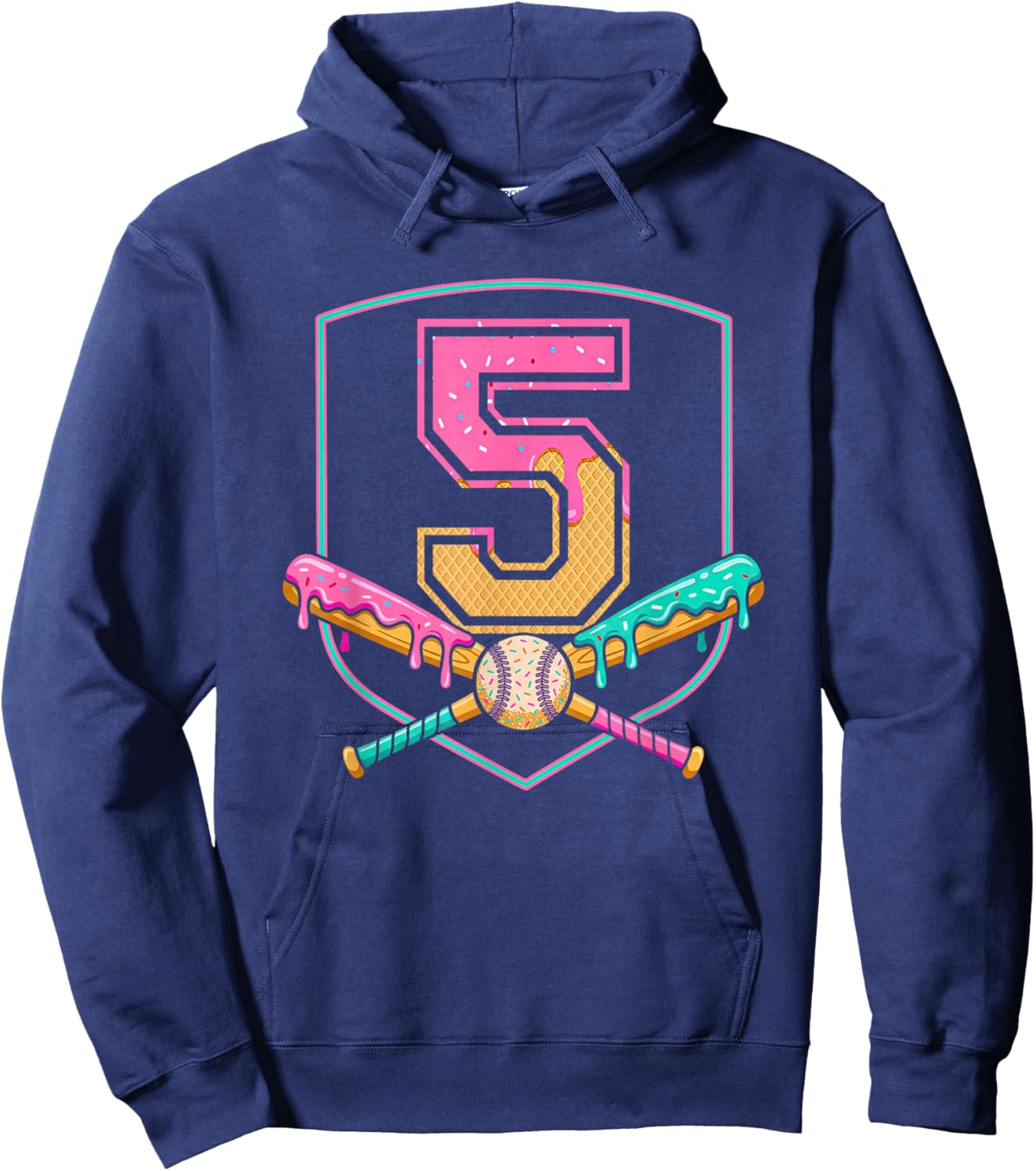 5th Birthday Baseball Bat Ice-Cream Drip 5 Years Old Boy Kid Hoodie - Hoodie | Navy