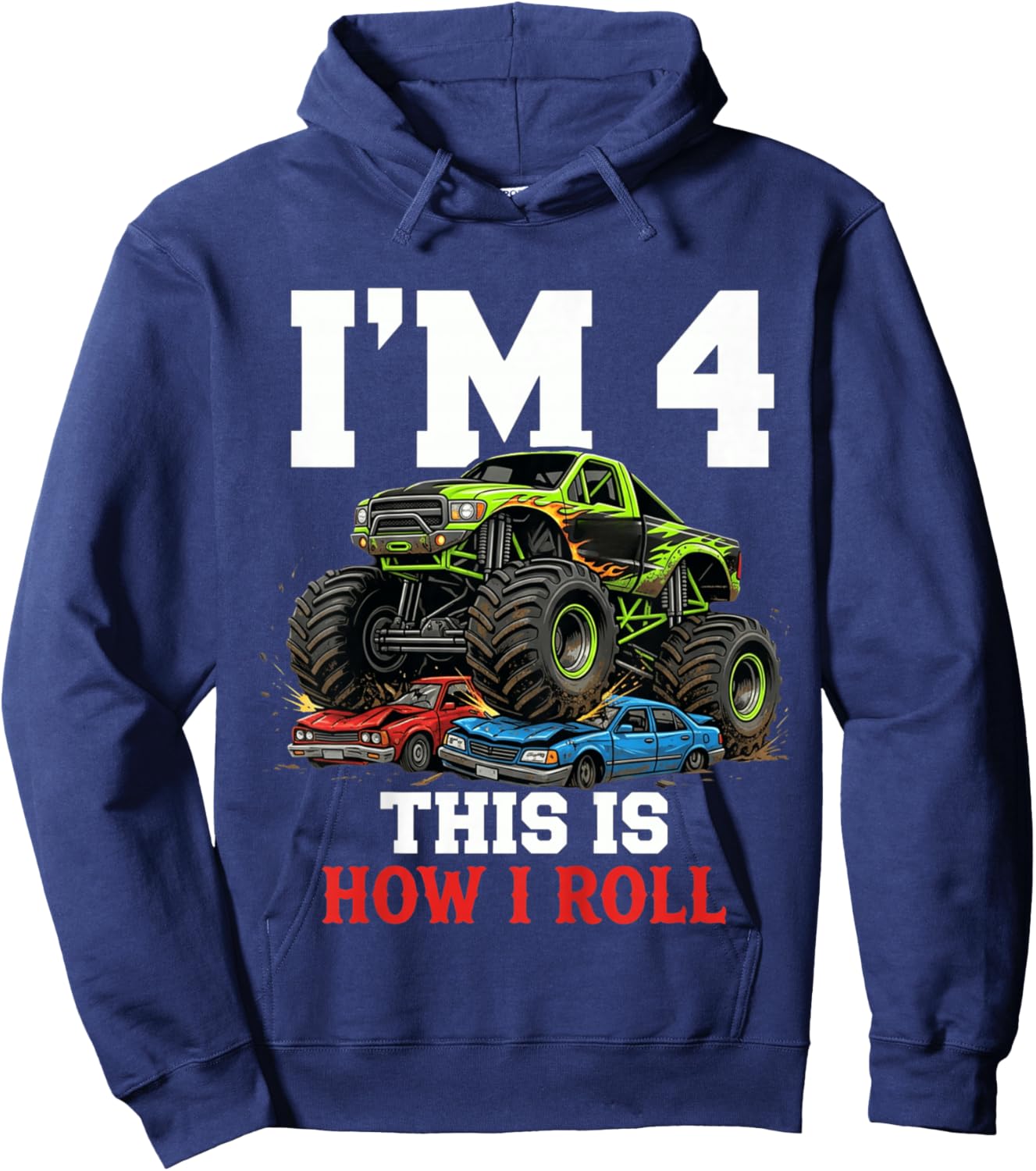 Kids Racing Monster Truck 4th Birthday 4 Year Old Boy Born 2022 Hoodie - Hoodie | Navy