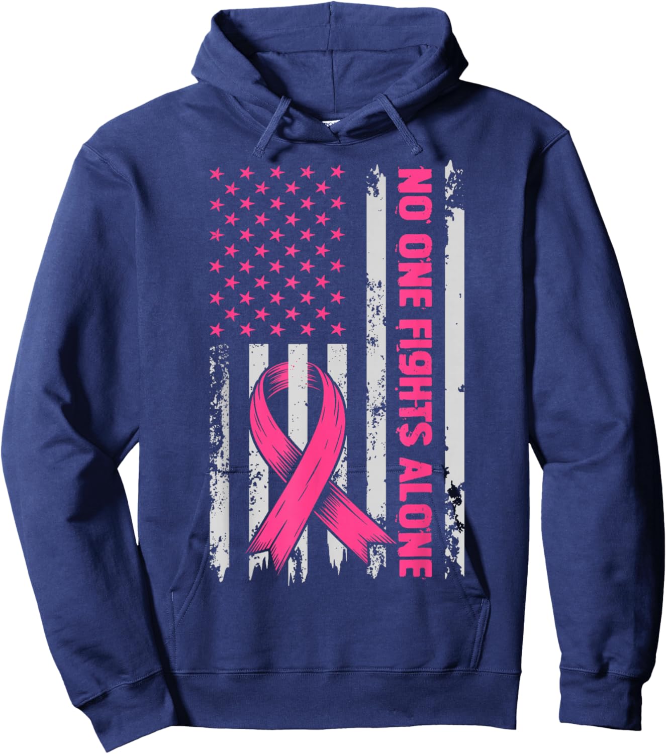 No One Fights Breast Cancer Alone US Flag Pink Ribbon Hoodie - Hoodie | Navy