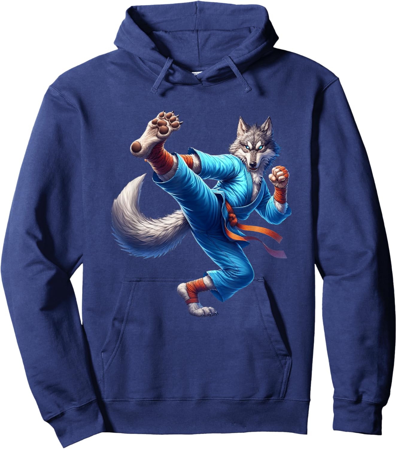 Karate Wolf Fierce Kick Blue Gi Pose Hoodie - Hoodie | Navy