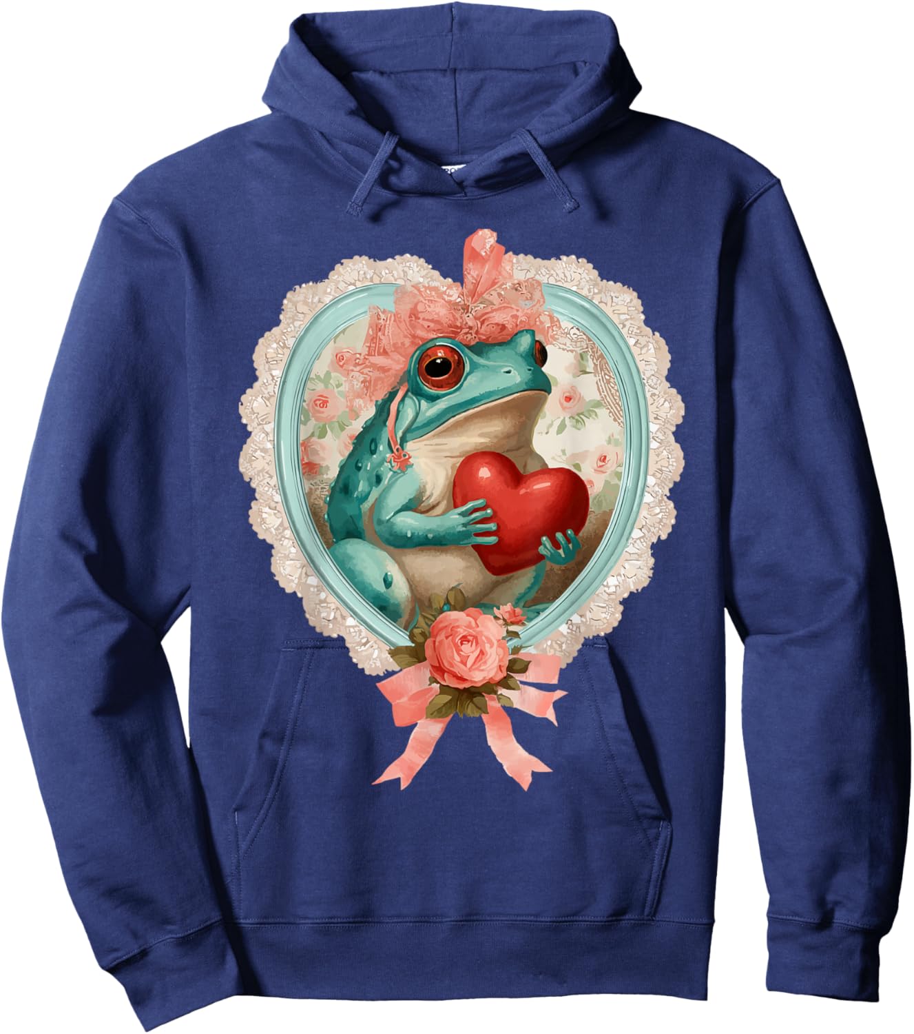 Vintage Valentine Frog with Heart Romantic Animal Coquette Hoodie - Hoodie | Navy