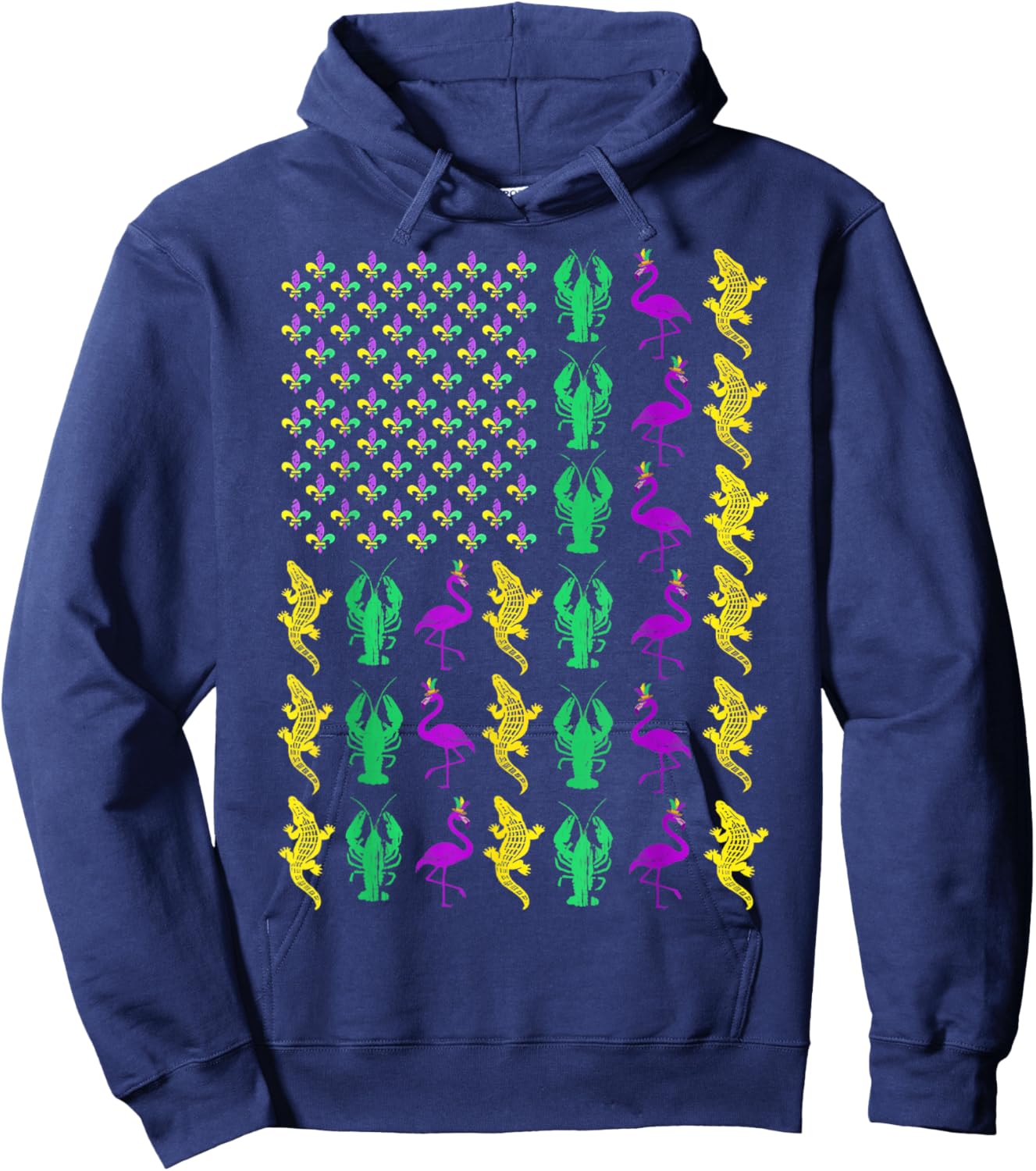 Mardi Gras American Flag Crawfish Flamingo Alligator Party Hoodie - Hoodie | Navy