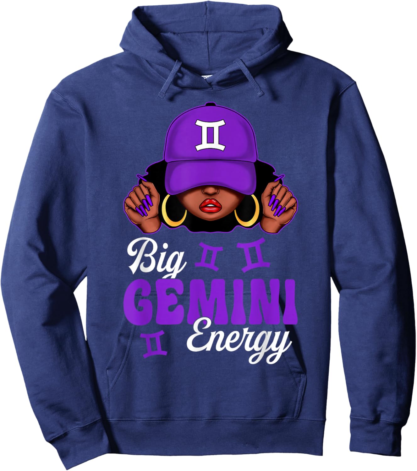 Big Gemini Energy Black Woman Purple Cap Zodiac Sign Hoodie - Hoodie | Navy