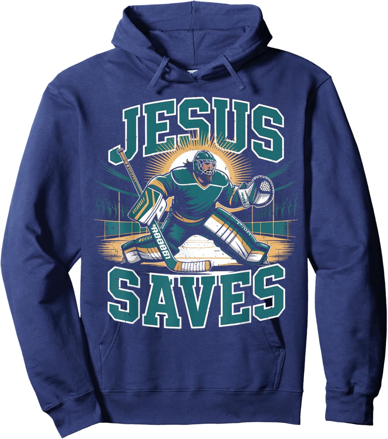 Christian Hockey Jesus Saves Goalie Humor Religious Hockey Hoodie - Hoodie | Navy
