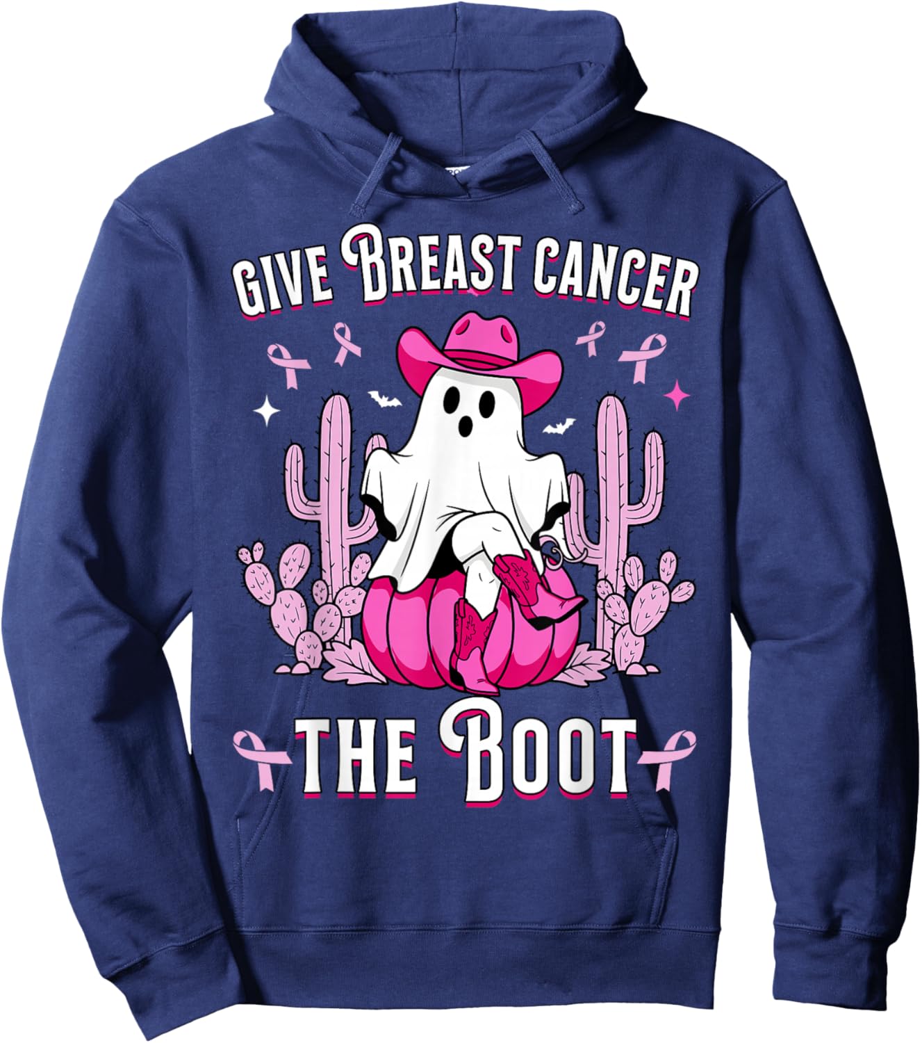 Give Breast Cancer The Boot Ghost Cowgirl Cancer Awareness Hoodie - Hoodie | Navy
