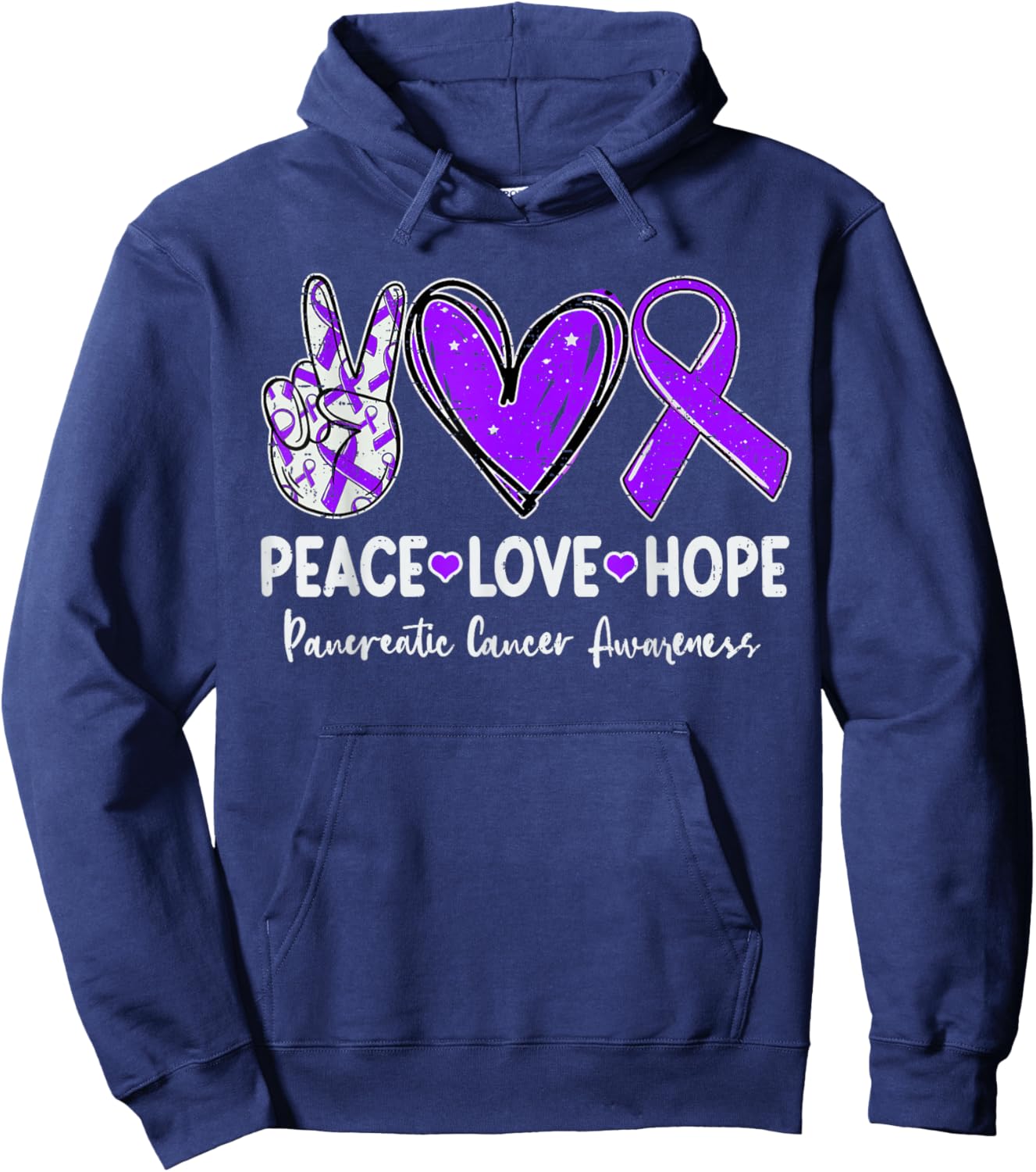 Peace Love Hope Pancreatic Cancer Awareness Ribbon Purple Hoodie - Hoodie | Navy