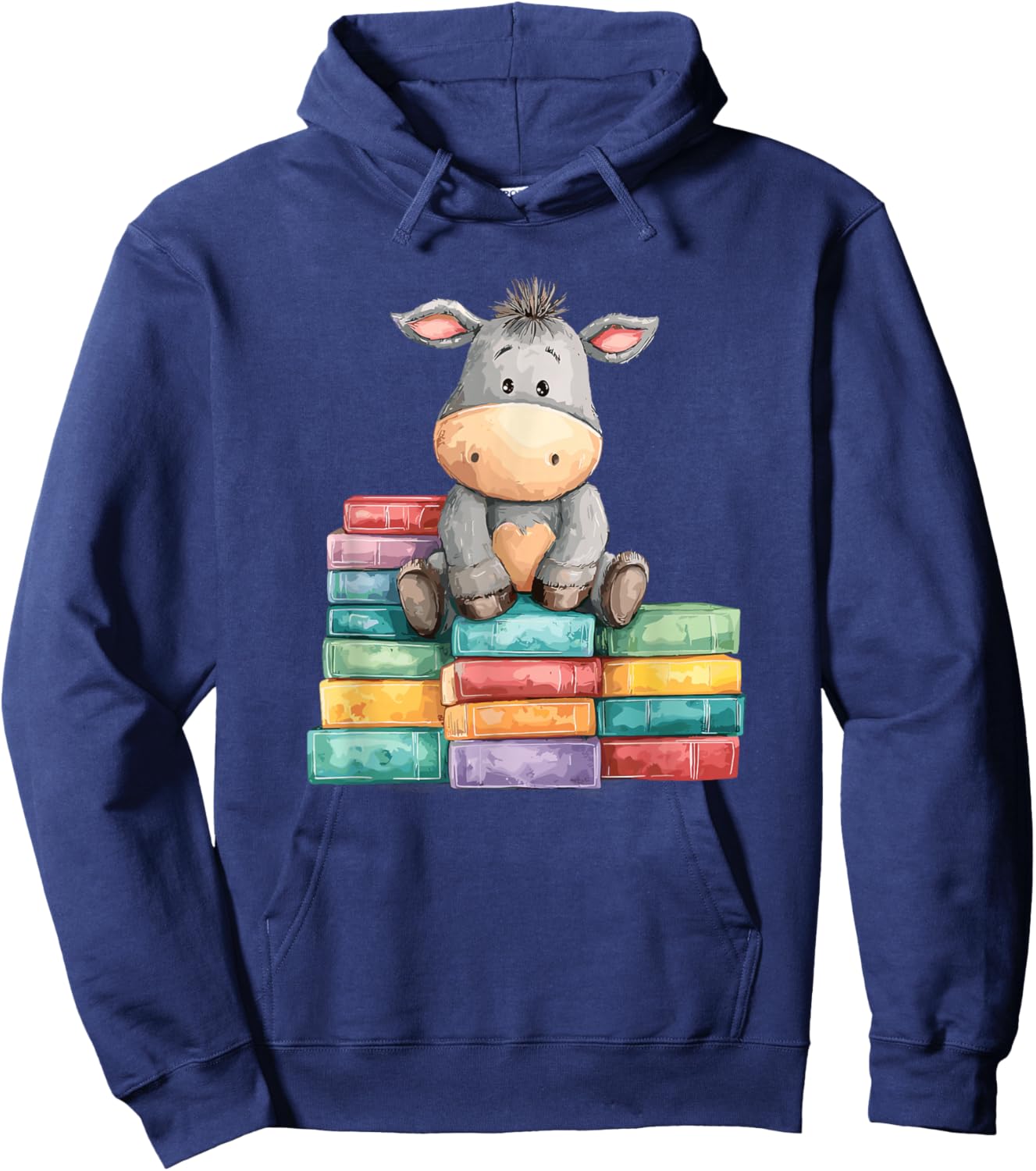 Adorable Donkey with Heart Sitting On Colorful Book Stack Hoodie - Hoodie | Navy