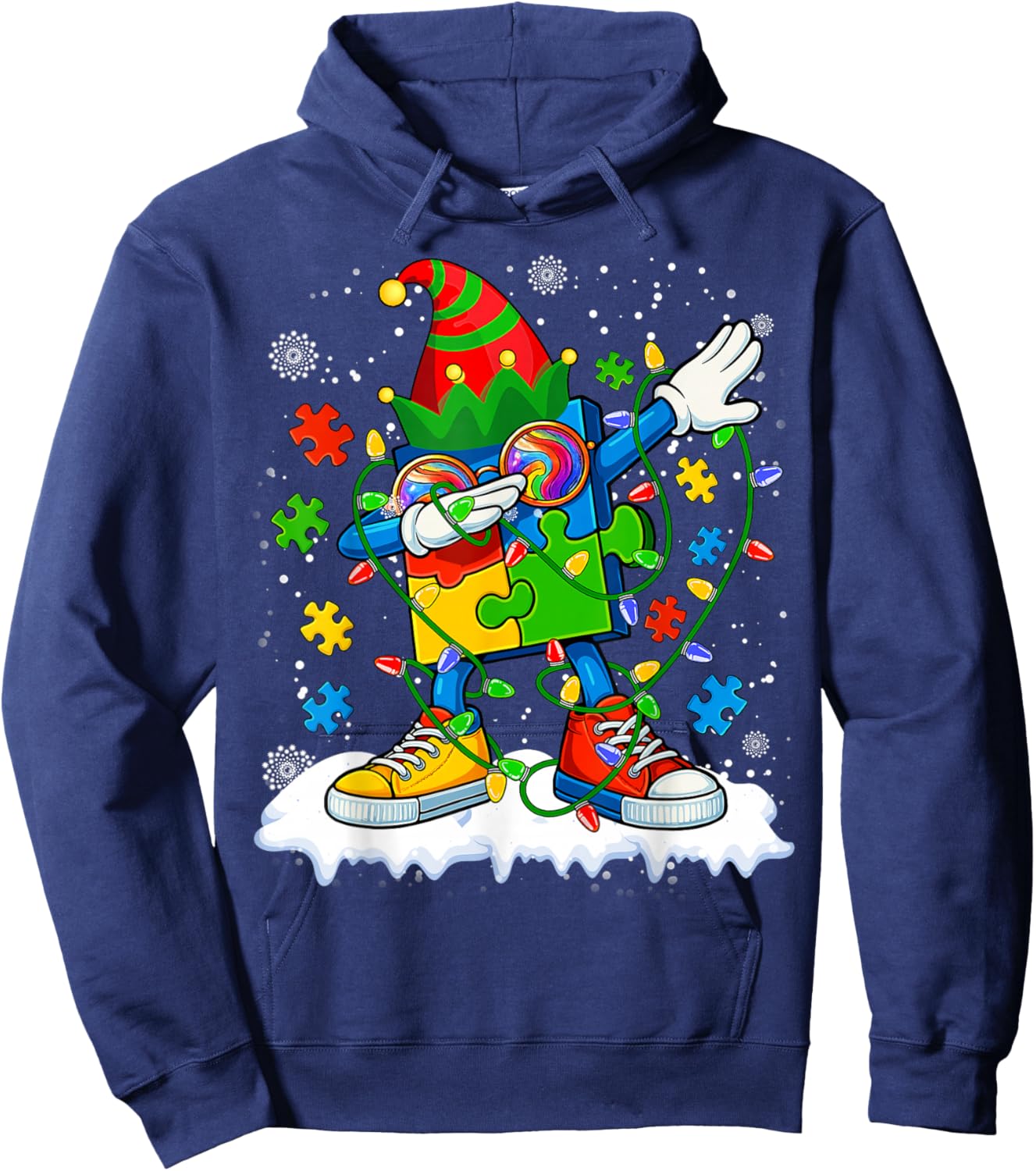 Dabbing Autism Christmas Tree Lights Xmas Men Women Kids Hoodie - Hoodie | Navy