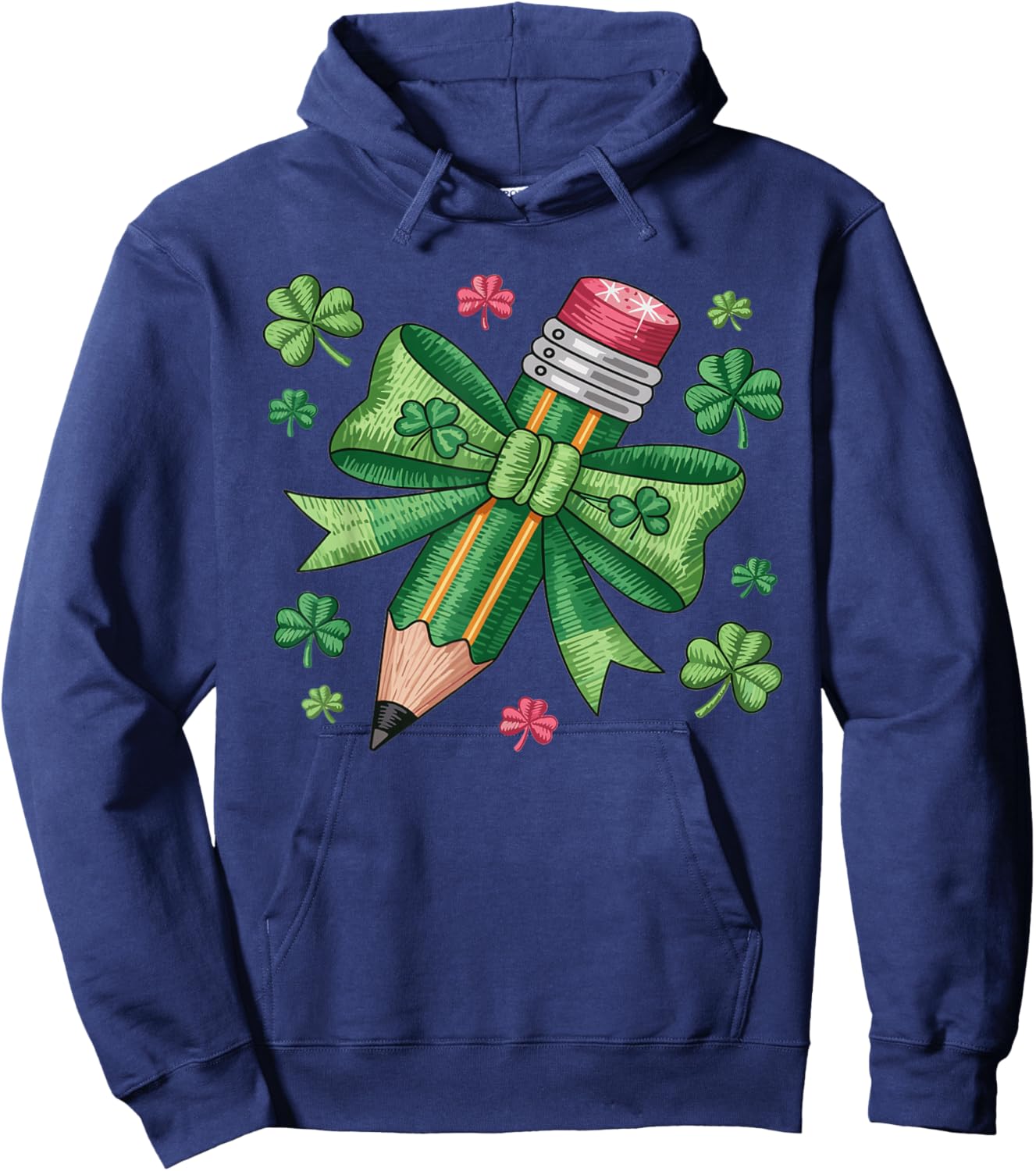 Teacher St. Patrick’s Day Pencil with Bow Shamrock Graphic Hoodie - Hoodie | Navy