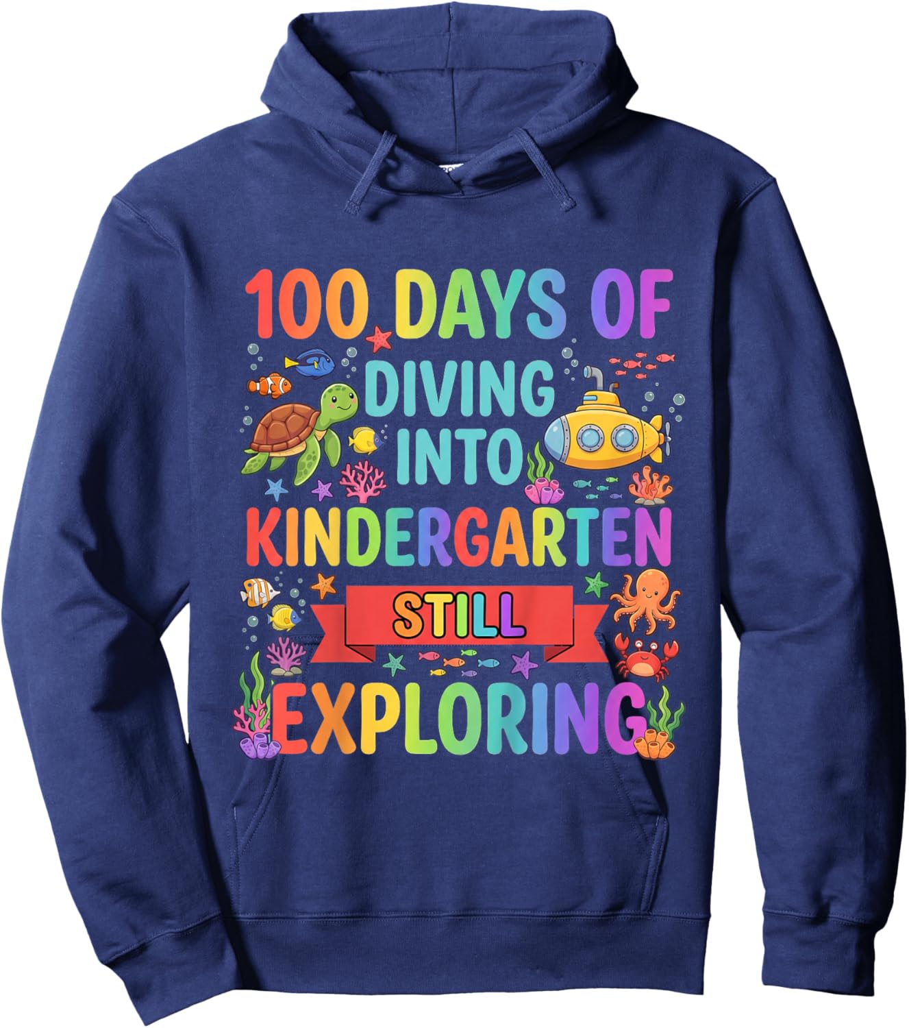 Kids 100 Day of School Diving Into Kindergarten Ocean Animals Art Hoodie - Hoodie | Navy