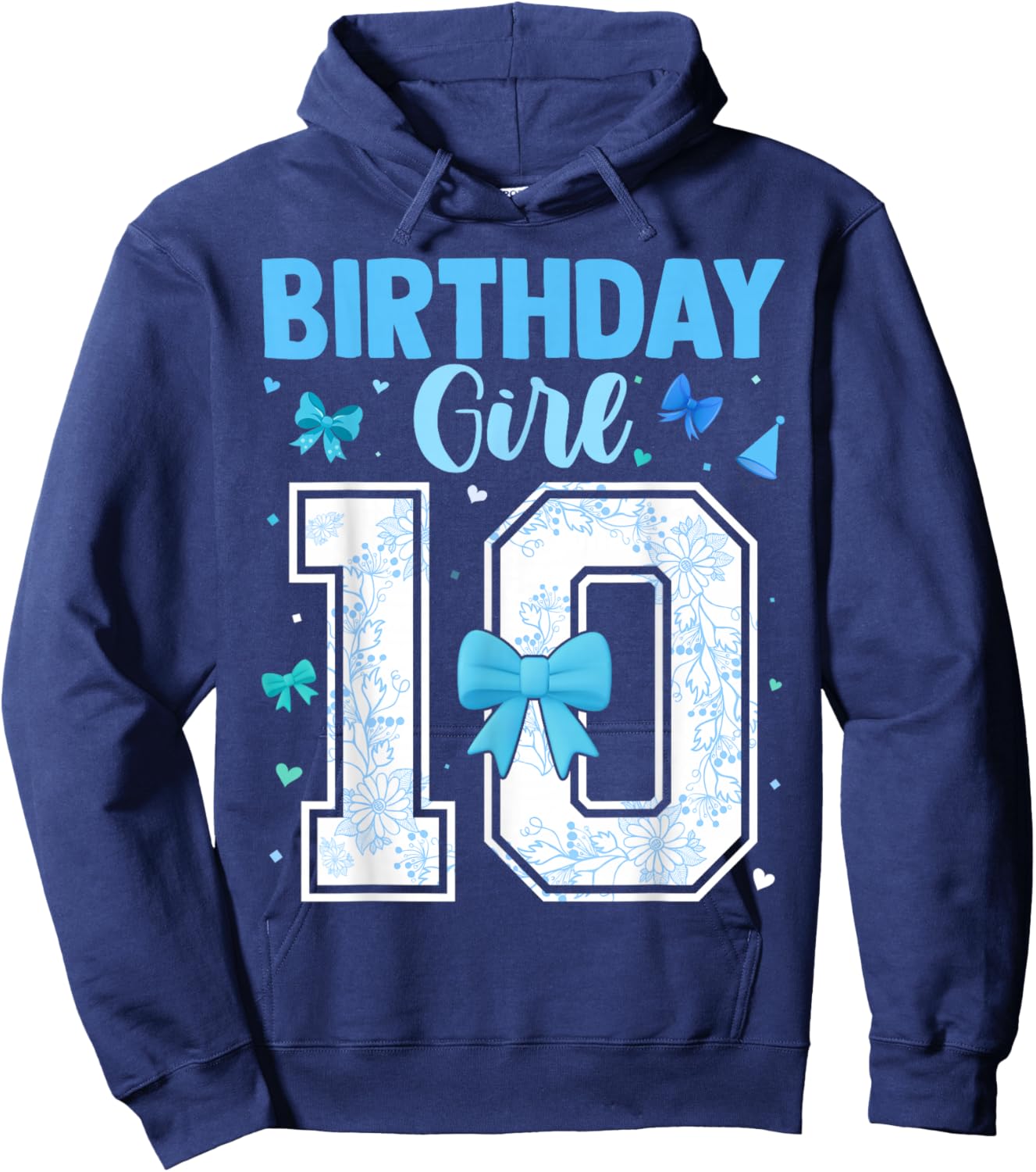 10th Birthday Girl Blue Toile Coquette Bow 10 Year Old Hoodie - Hoodie | Navy
