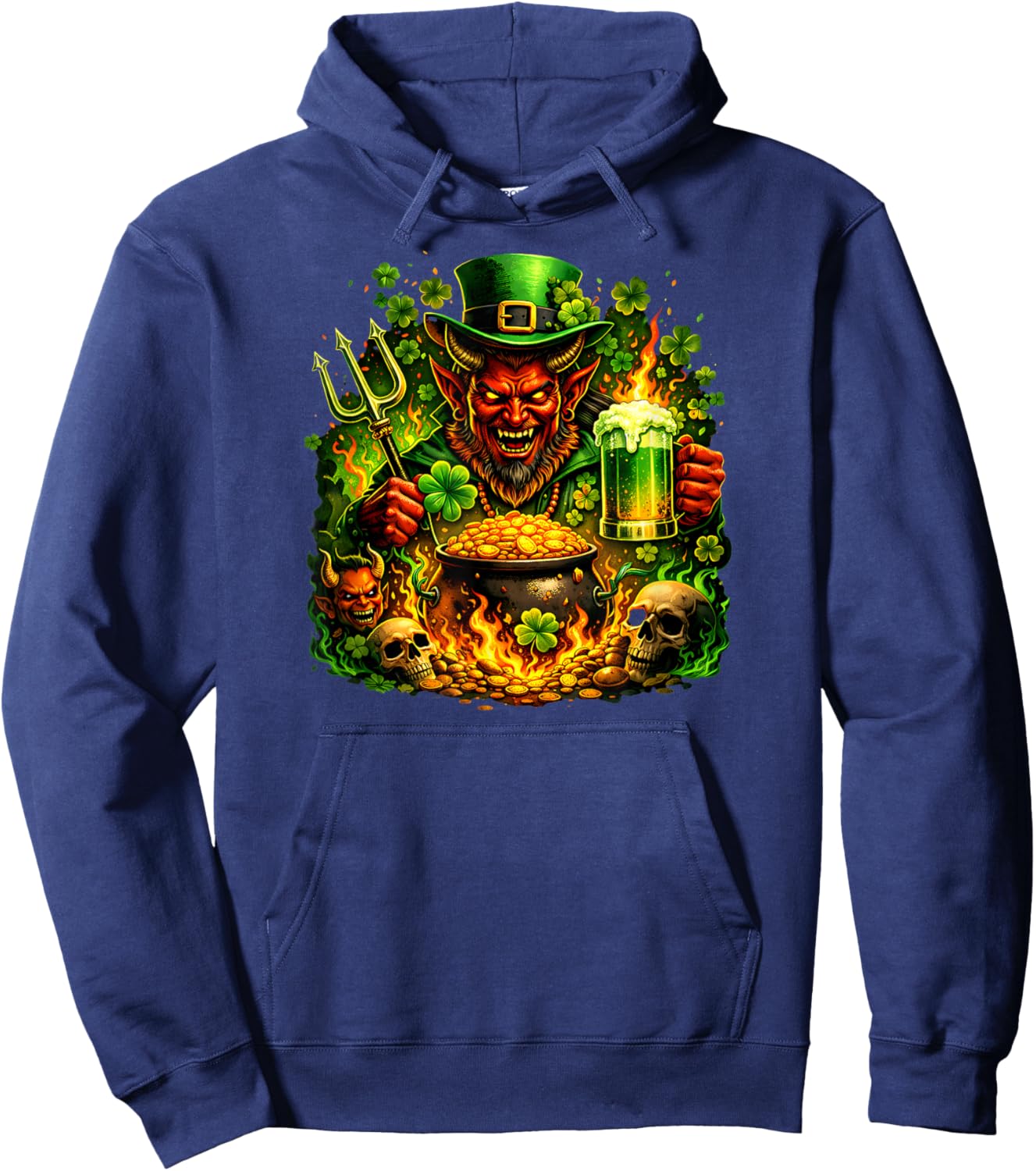 Dark St Patricks Day Evil Leprechaun Devil Skull Men Graphic Hoodie - Hoodie | Navy