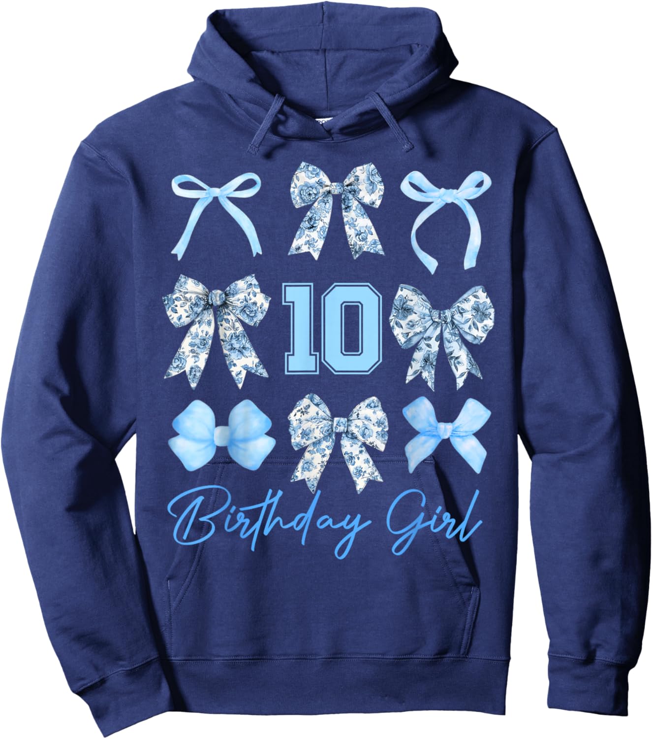 10th Birthday Girl Blue Toile Coquette Bow 10 Year Old Hoodie - Hoodie | Navy