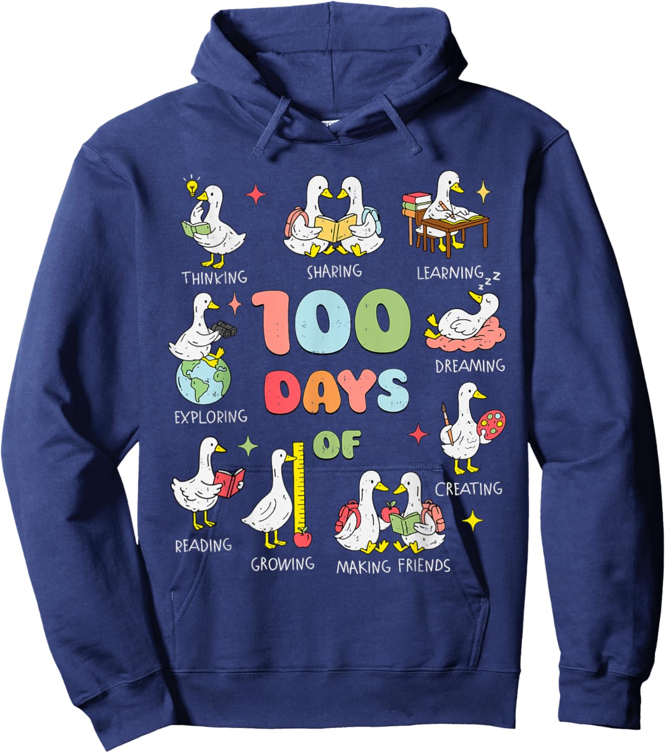 Happy 100 Days of School Girl Kids Goose 100th Day of School Hoodie - Hoodie | Navy