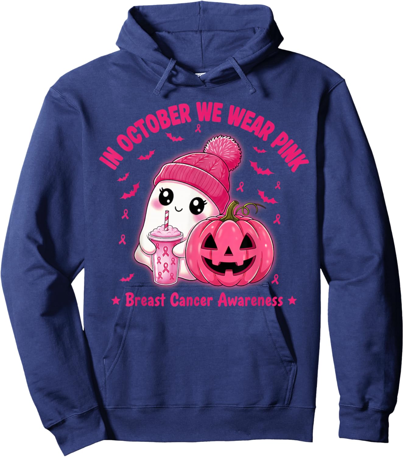 in October We Wear Pink Cute Ghost Breast Cancer Awareness Hoodie - Hoodie | Navy