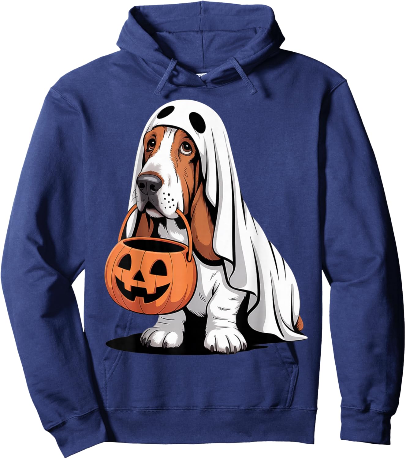 Cute Basset Hound Dog Ghost Costume with Pumpkin Hoodie - Hoodie | Navy