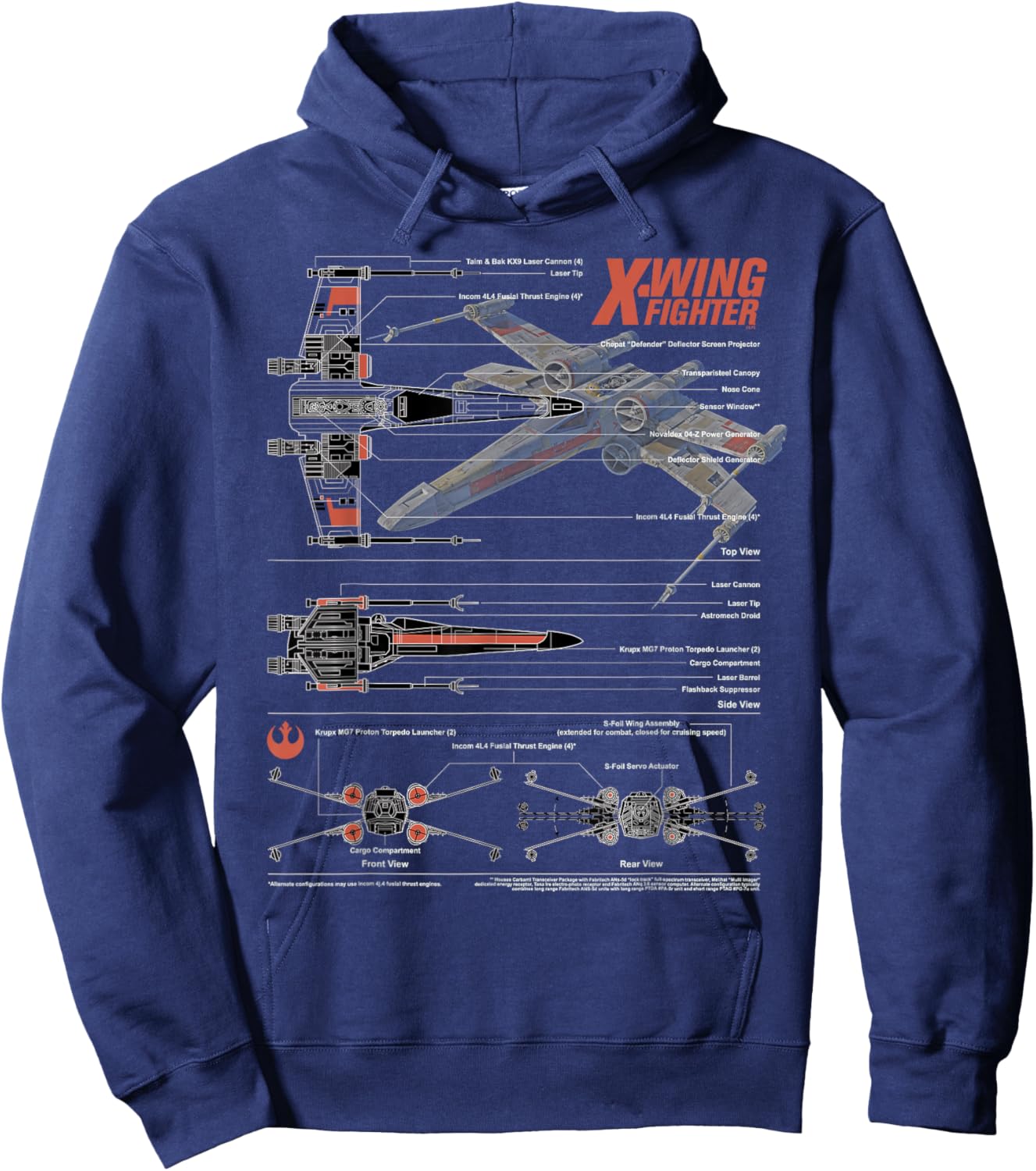 Star Wars Rebel X-Wing Fighter T-65B Schematic Blueprint Hoodie - Hoodie | Navy