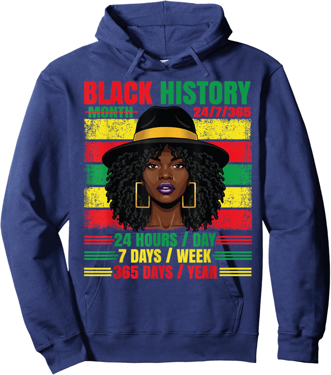 Black History Month 24/7/365 Afro Woman Pride African Girls Hoodie - Hoodie | Navy