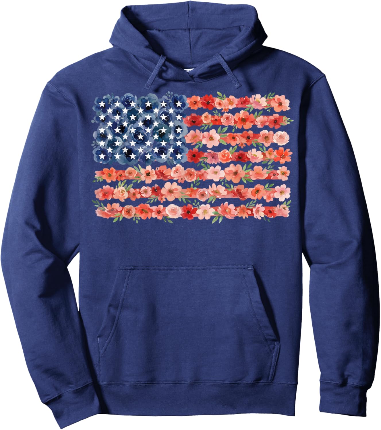 Floral American Flag Flowers Wildflowers 4th of July Hoodie - Hoodie | Navy