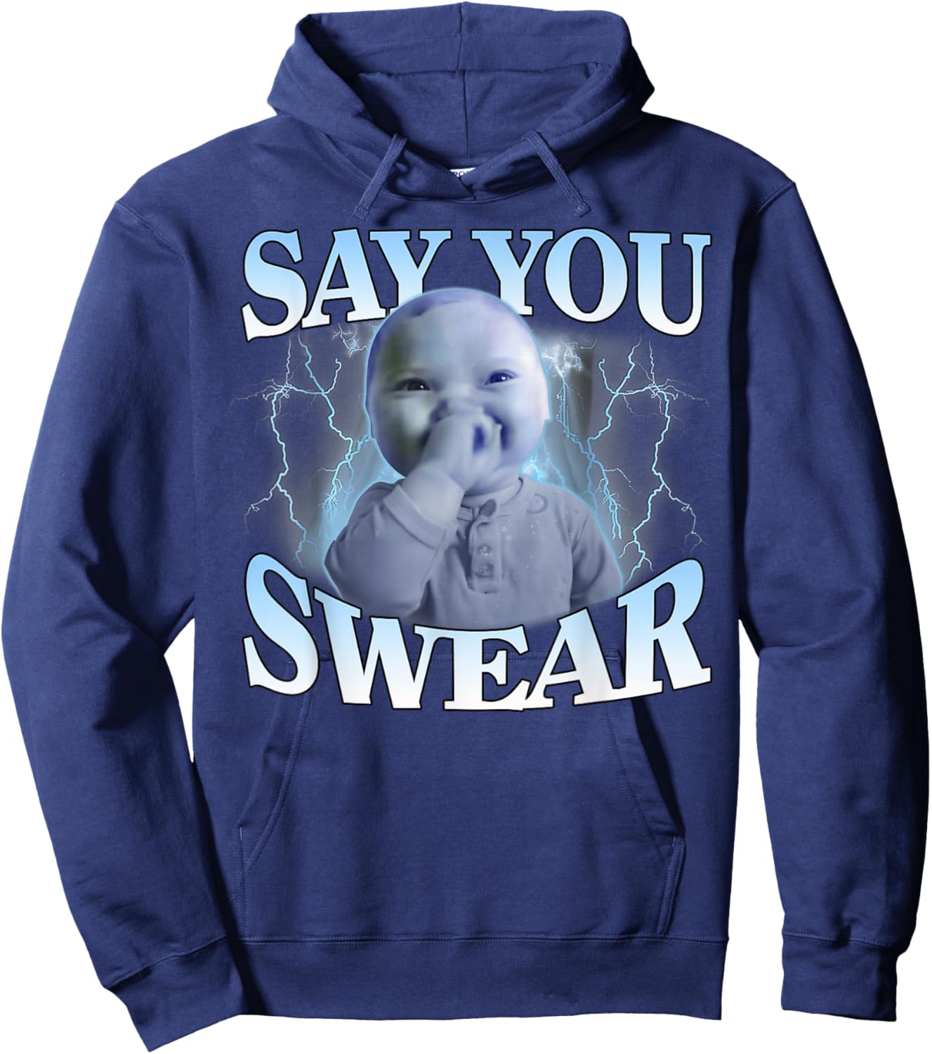 Say You Swear Ai Niche Baby Holding Back Laugh Genz Meme Hoodie - Hoodie | Navy