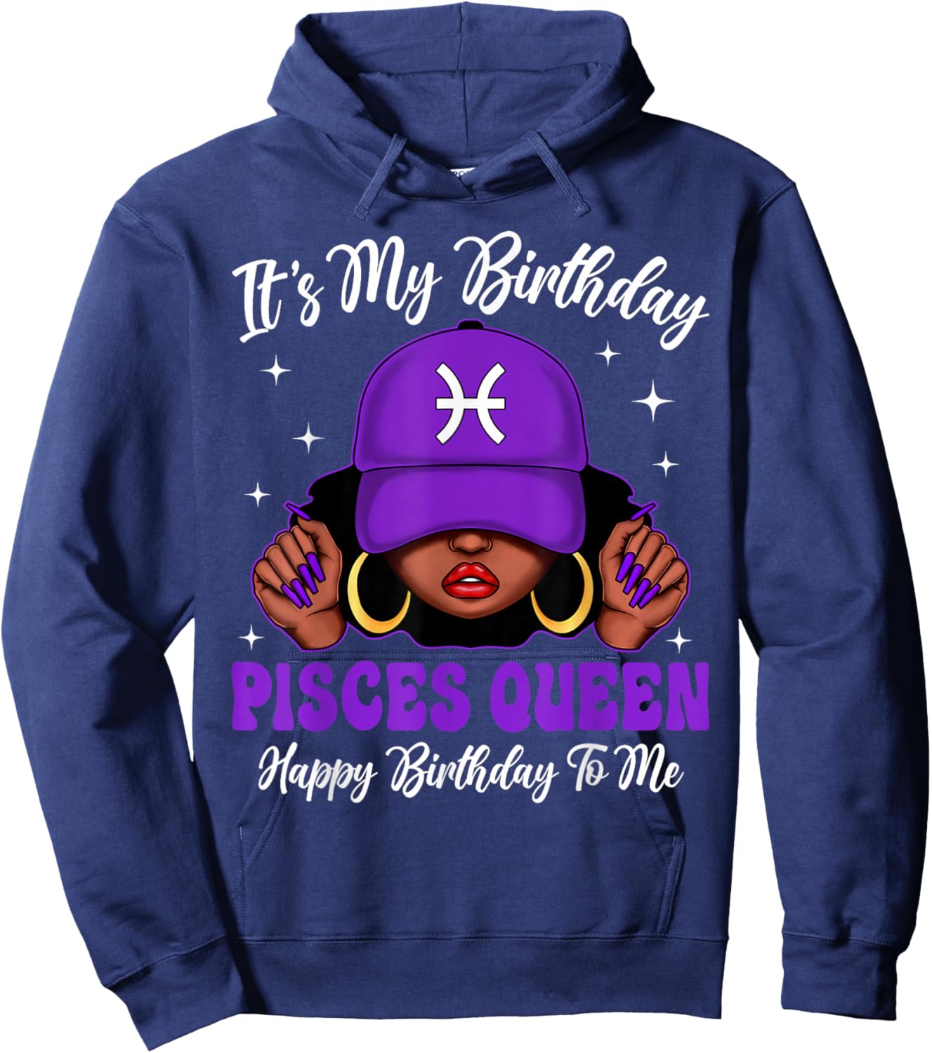 Pisces Queen Black Woman Purple Cap Zodiac Sign Hoodie - Hoodie | Navy