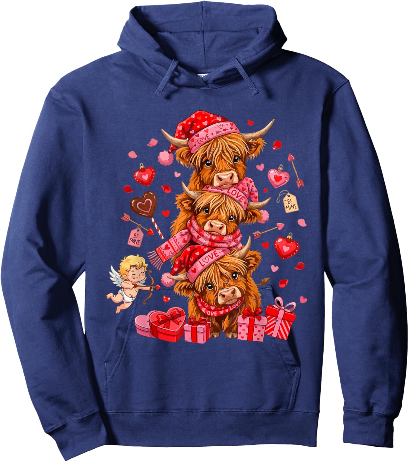 Funny Valentine Highland Cow Lover XOXO Be Mine Cute Cupid Hoodie - Hoodie | Navy