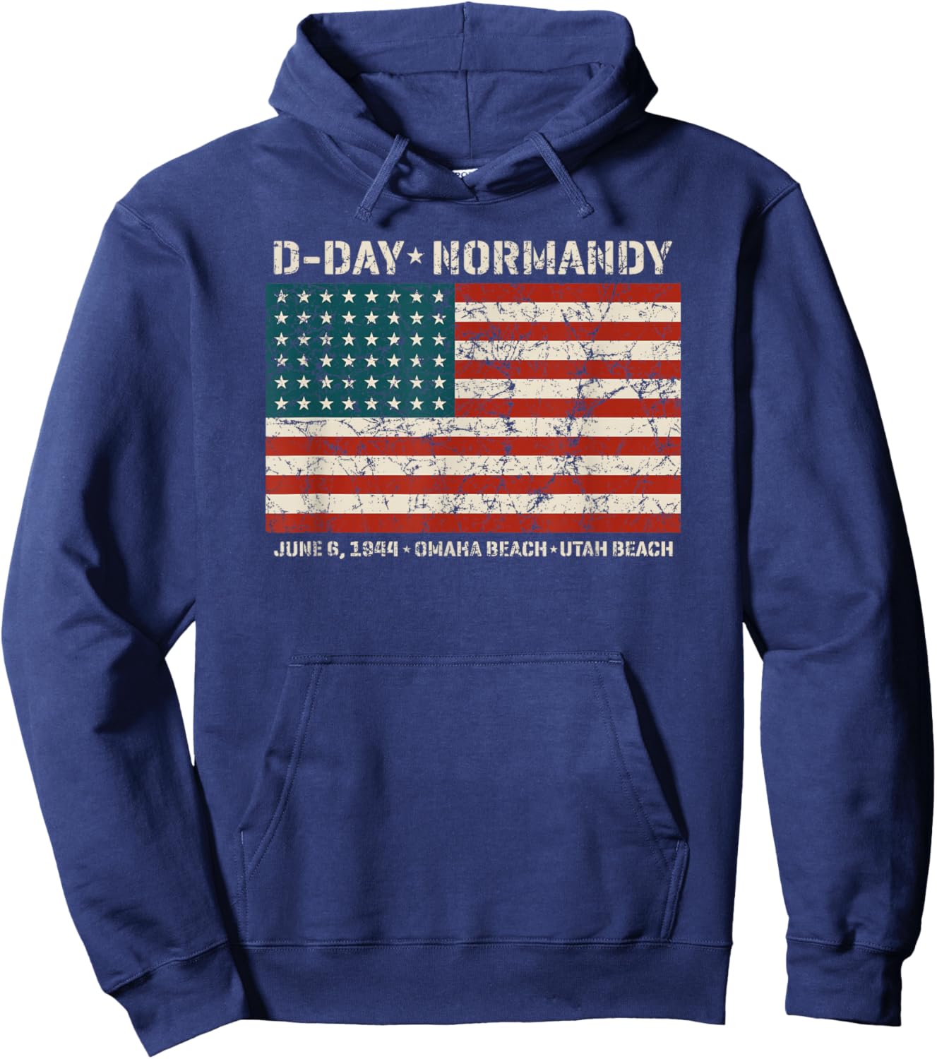 D-Day Normandy Omaha Utah Beaches 48 Star American Flag Aged Hoodie - Hoodie | Navy