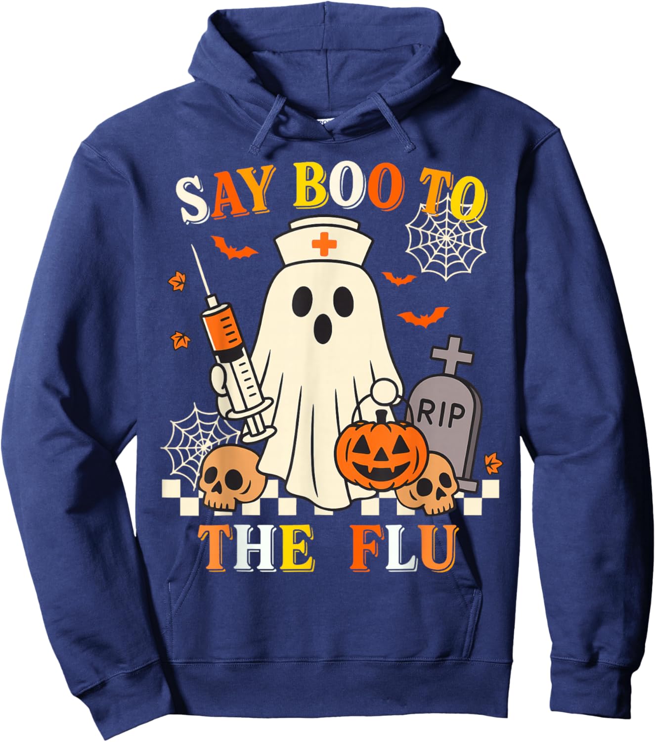 Funny Retro Nurse Ghost Halloween Vaccine Say Boo to The Flu Hoodie - Hoodie | Navy