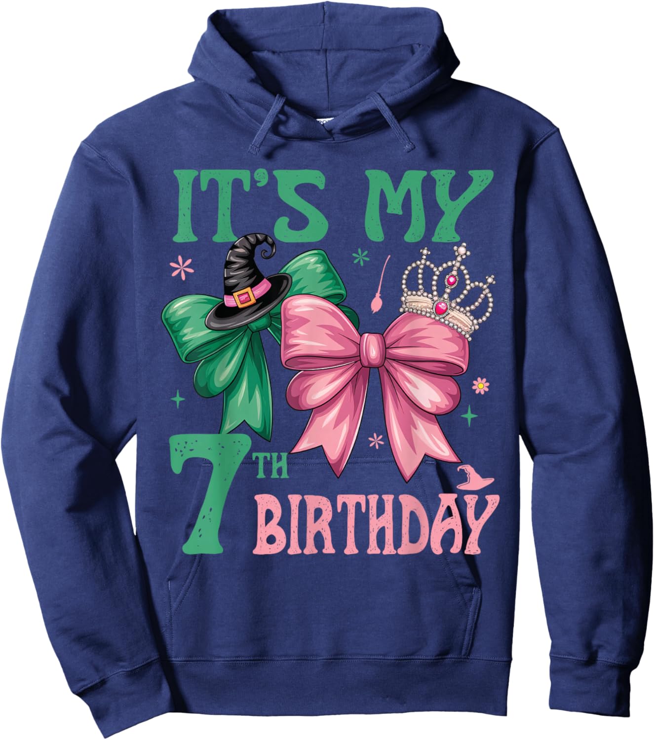 7th Birthday Girl Its My 7th Birthday Witch Pink and Green Hoodie - Hoodie | Navy