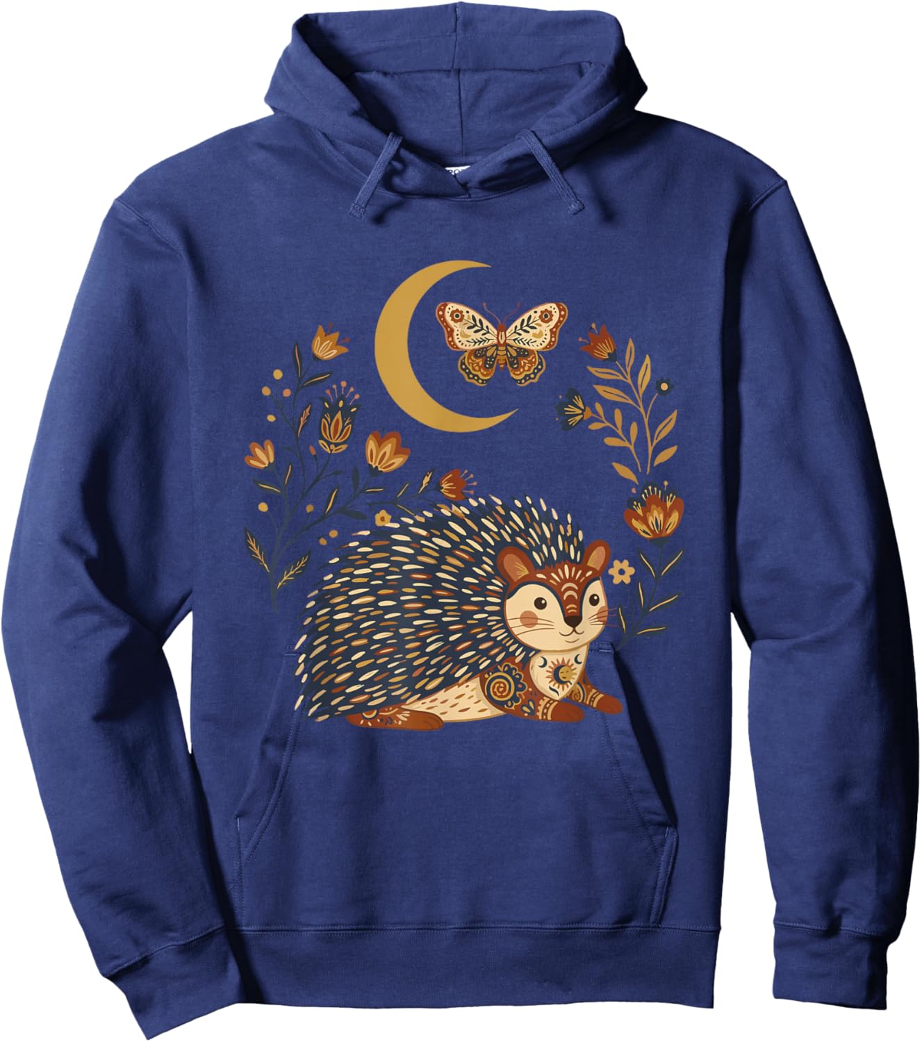 Boho Celestial Porcupine Moon Floral Hoodie - Hoodie | Navy