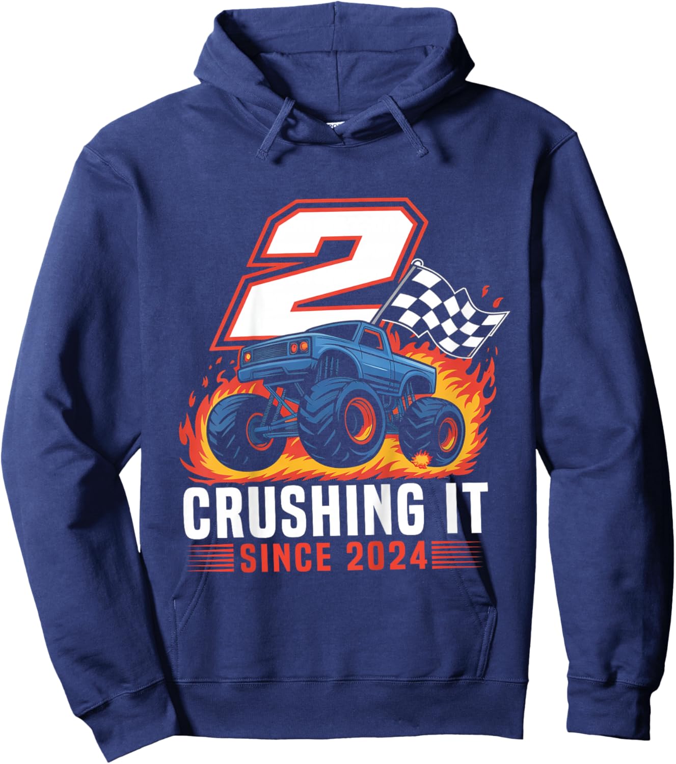 Birthday Monster Truck 2 Year Old Boys 2nd Party Born 2024 Hoodie - Hoodie | Navy